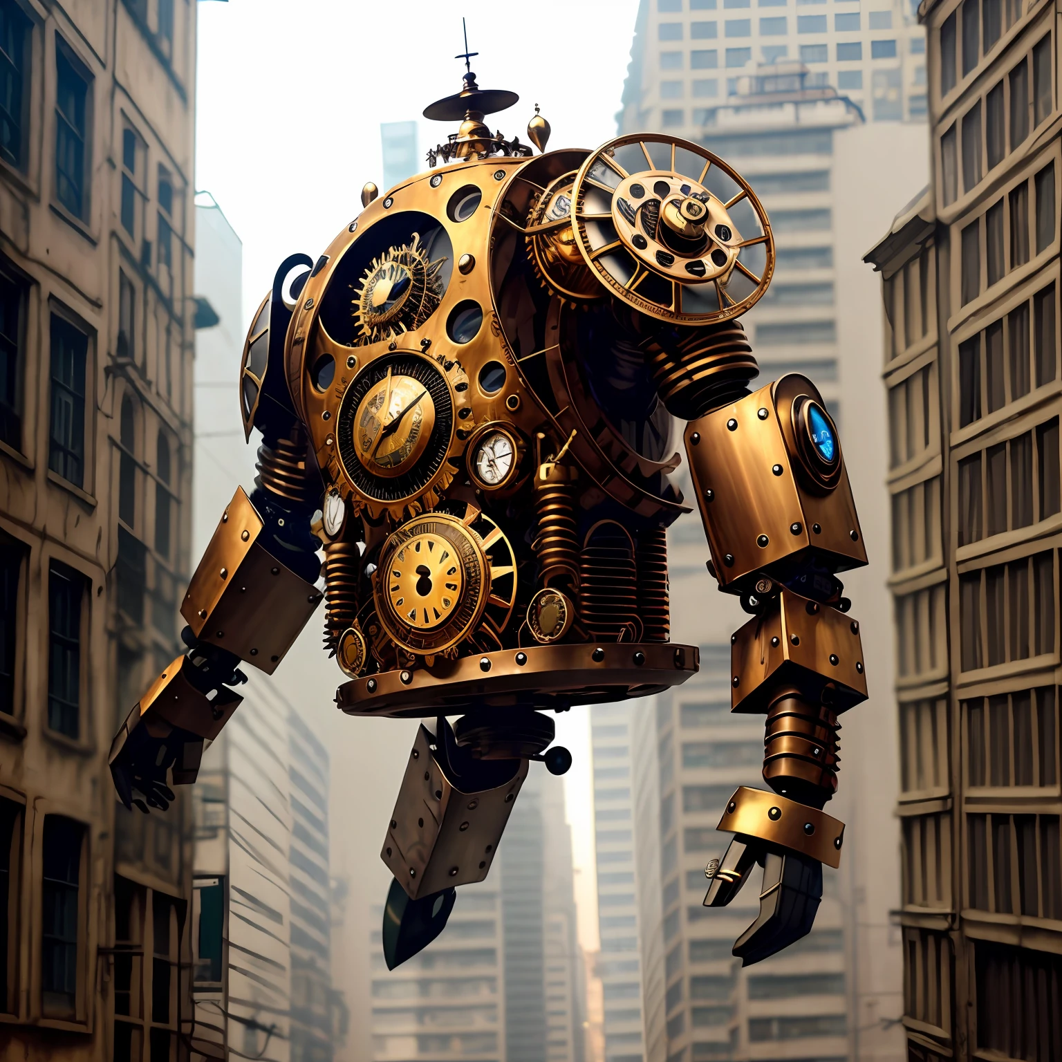(melhor qualidade),(mestre em arte), Ultra aesthetics-detalhada steampunk, Floating robot in a chaotic city, luz indireta.