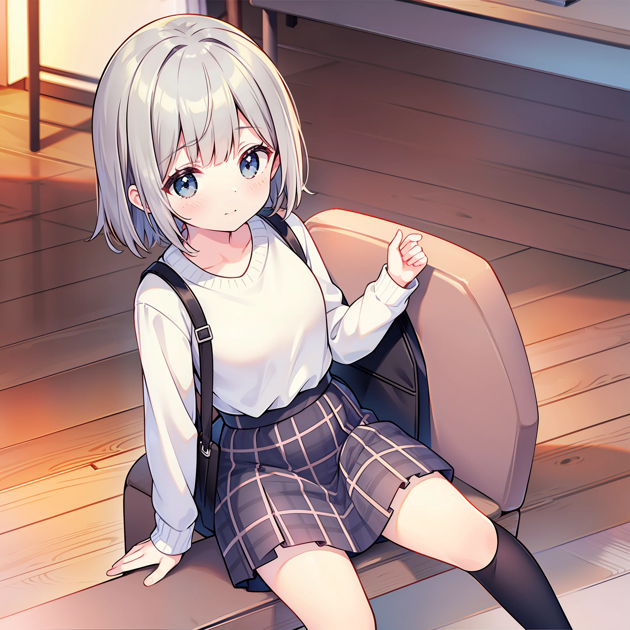 White blouse、Grey plaid jumper skirt、medium Hair、dark black hair、satchel、middle School girls、Sitting on a chair in a classroom