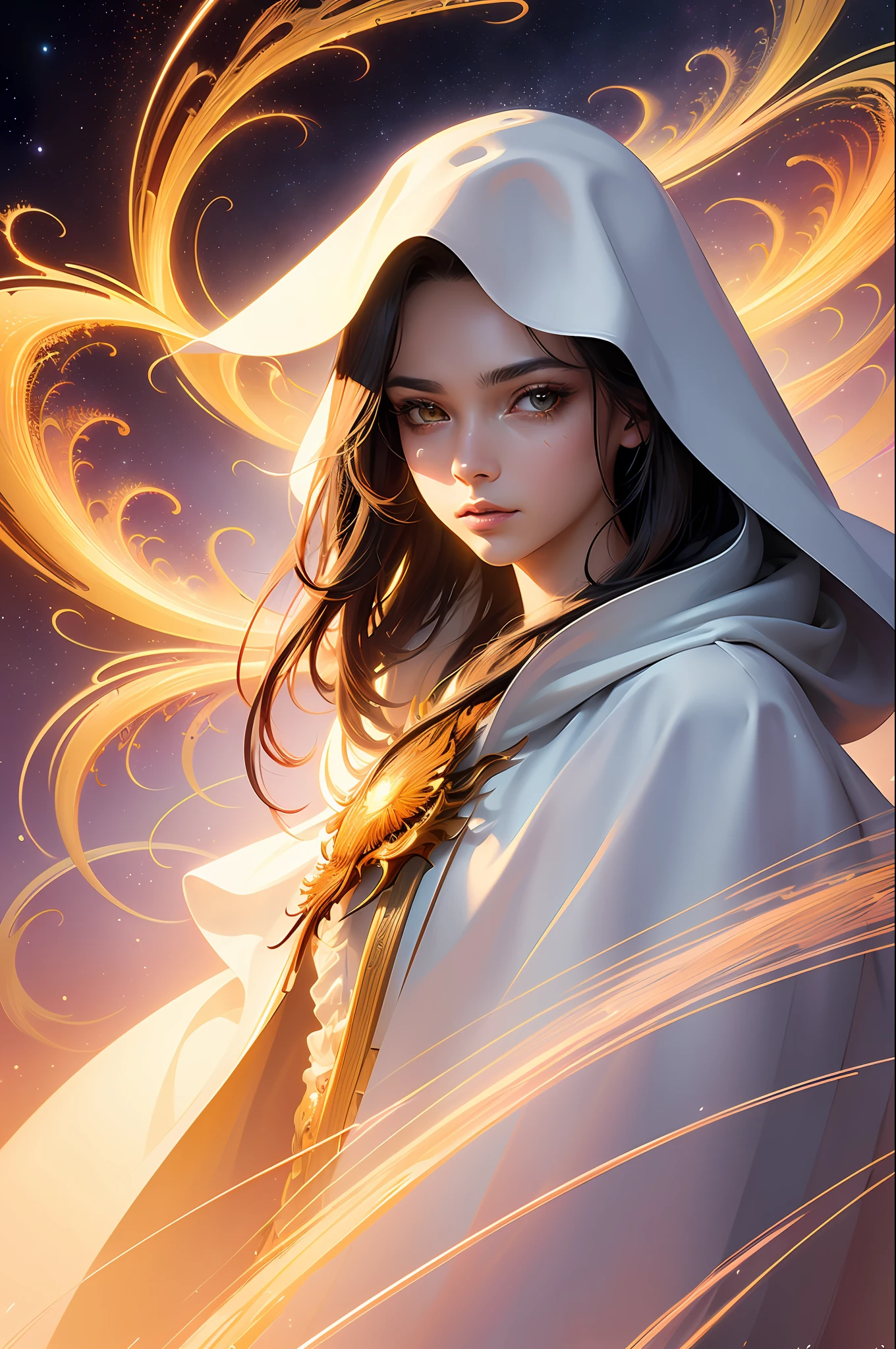(masterpiece, top quality, best quality, official art, beautiful and aesthetic:1.2), (1girl), extreme detailed eyes, (fractal art:1.3), colorful, highest detailed, (perfect face), shiny skin, HDR, (white cloak golden lines:1.2), galaxy, (light streaks), striking visuals, (dynamic streaks, luminous trails:1.2), vibrant colors, (phoenix), (dragon)