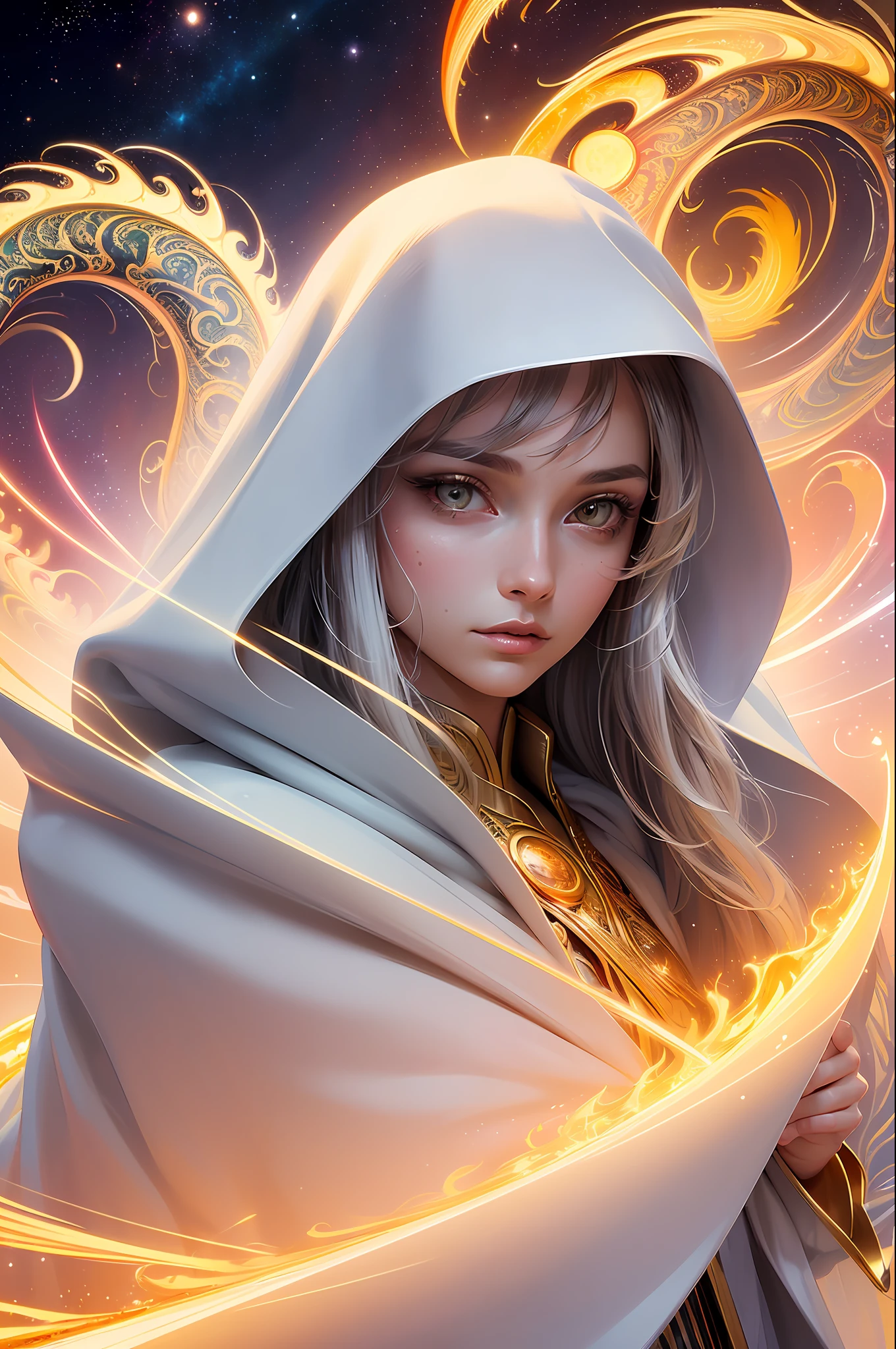 (masterpiece, top quality, best quality, official art, beautiful and aesthetic:1.2), (1girl), extreme detailed eyes, (fractal art:1.3), colorful, highest detailed, (perfect face), shiny skin, HDR, (white cloak golden lines:1.2), galaxy, (light streaks), striking visuals, (dynamic streaks, luminous trails:1.2), vibrant colors, (phoenix), (dragon)