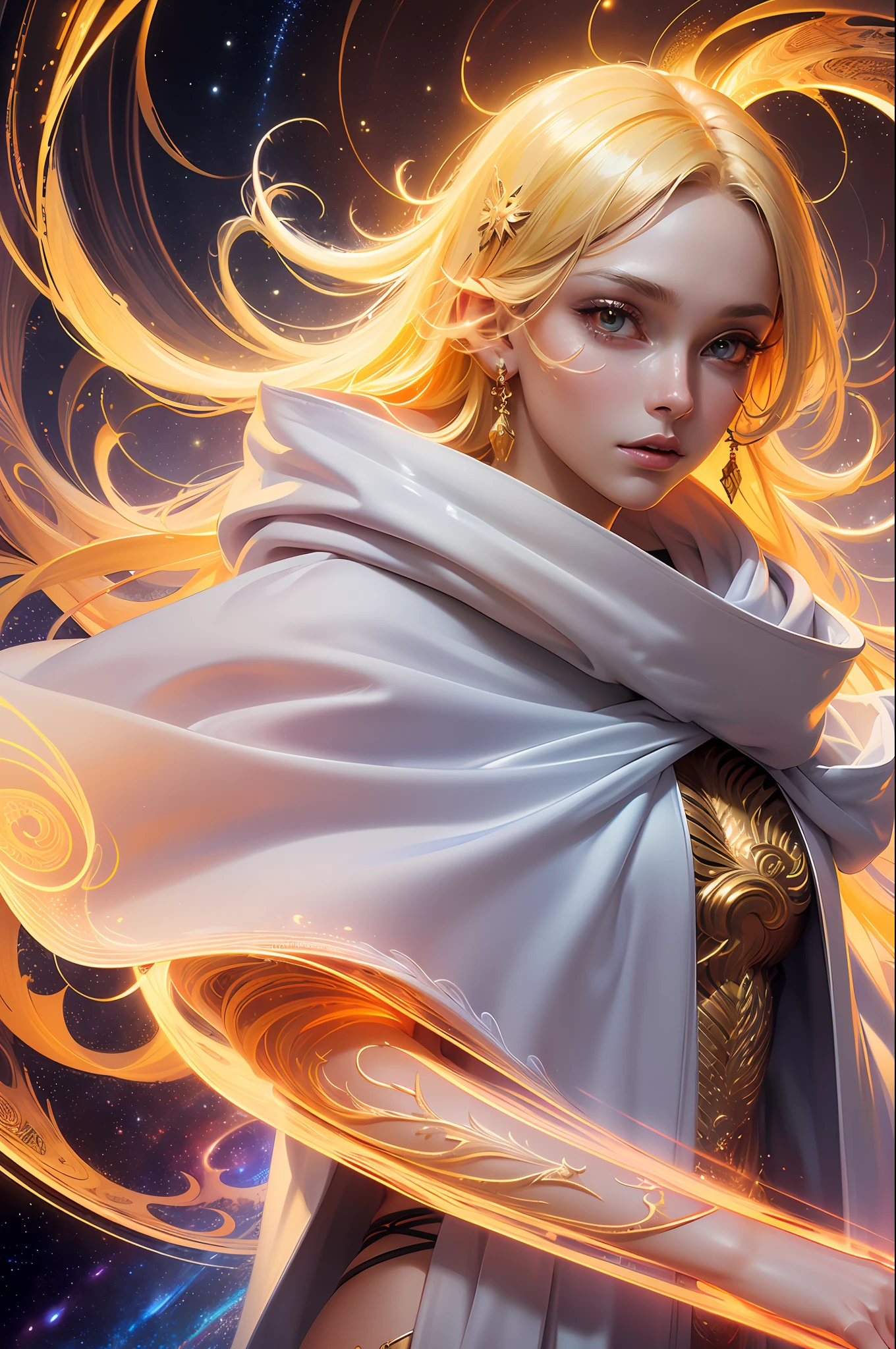(masterpiece, top quality, best quality, official art, beautiful and aesthetic:1.2), (1girl), extreme detailed eyes, (fractal art:1.3), colorful, highest detailed, (perfect face), shiny skin, HDR, (white cloak golden lines:1.2), galaxy, (light streaks), striking visuals, (dynamic streaks, luminous trails:1.2), vibrant colors, (phoenix), (dragon)
