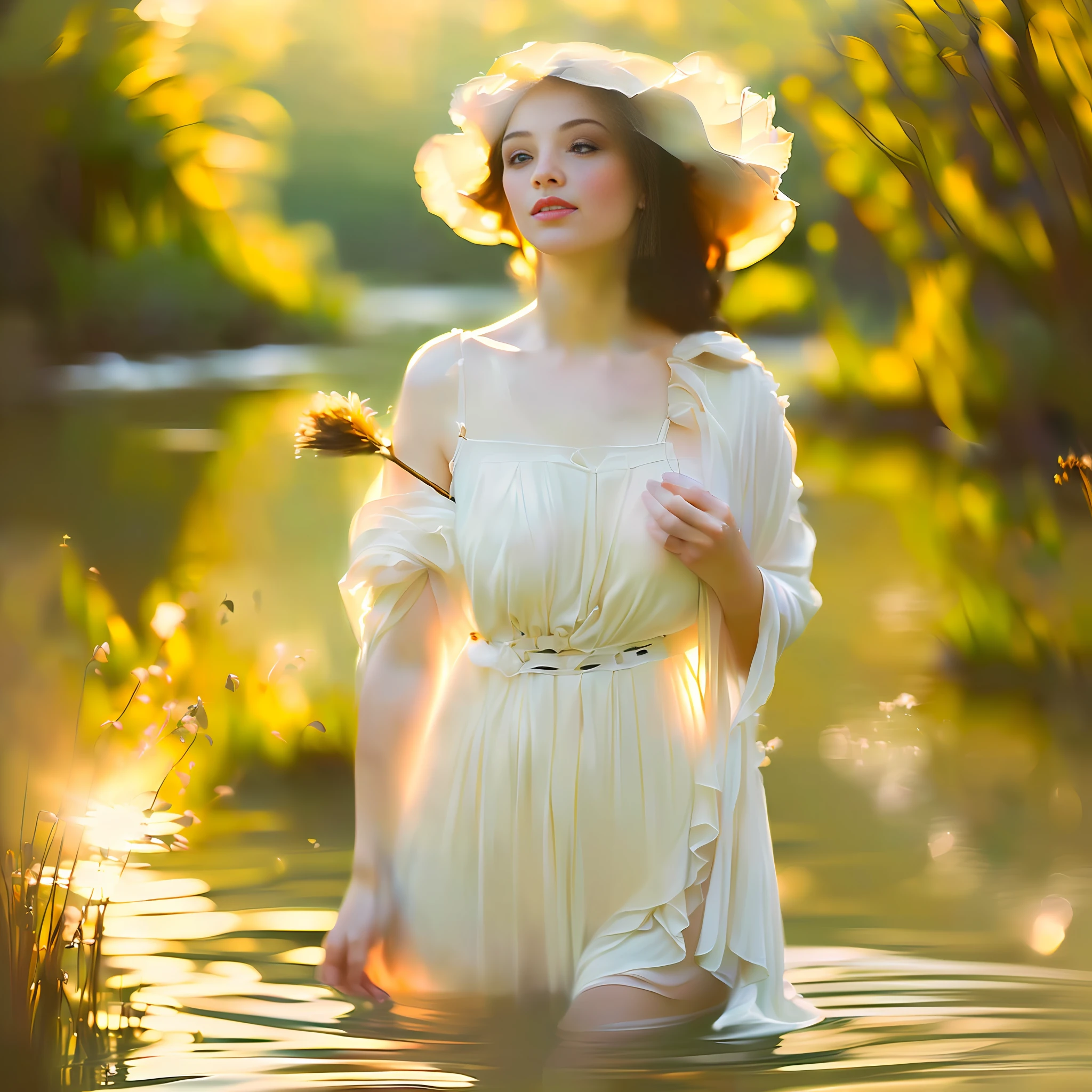 portrait of a cute woman bathing in a river, reeds, (backlighting), realistic, masterpiece, highest quality, lens flare, shade, bloom, [[chromatic aberration]], by Jeremy Lipking, by Antonio J. Manzanedo, digital painting