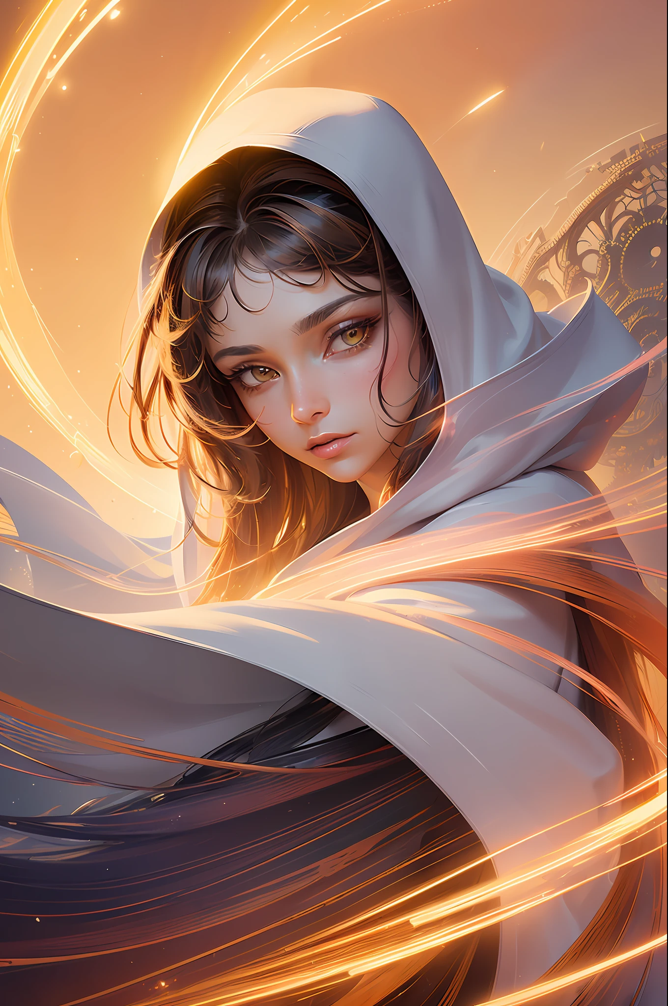 (masterpiece, top quality, best quality, official art, beautiful and aesthetic:1.2), (1girl), extreme detailed eyes, (fractal art:1.3), colorful, highest detailed, (perfect face), shiny skin, HDR, (white cloak golden lines:1.2), galaxy, (light streaks), striking visuals, (dynamic streaks, luminous trails:1.2), vibrant colors, (phoenix), (dragon)