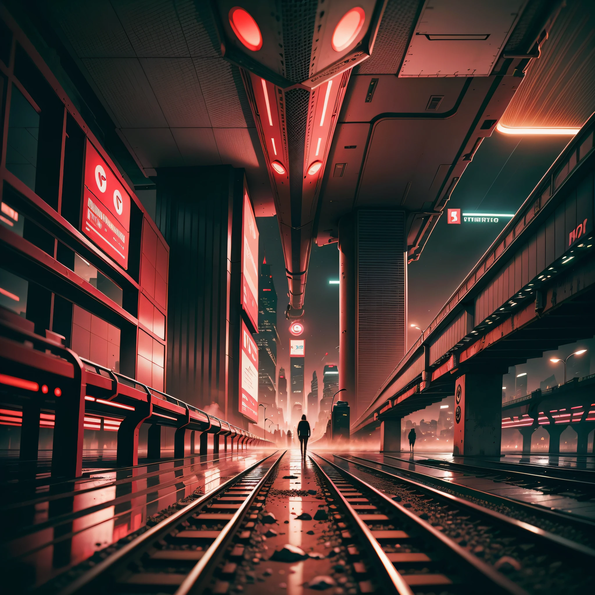 Create a cinematic scene from a futuristic subway aerial platform, cidade futurista ao fundo, there is a futuristic train, muitas pessoas esperando o trem, ambiente sujo e futurista, On the floor there are pools of blood in shimmering red, red and pink neon lighting, ambiente bem escuro, muitos detalhes e pessoas passando, desenho estilo dark wave, Perspectiva circular