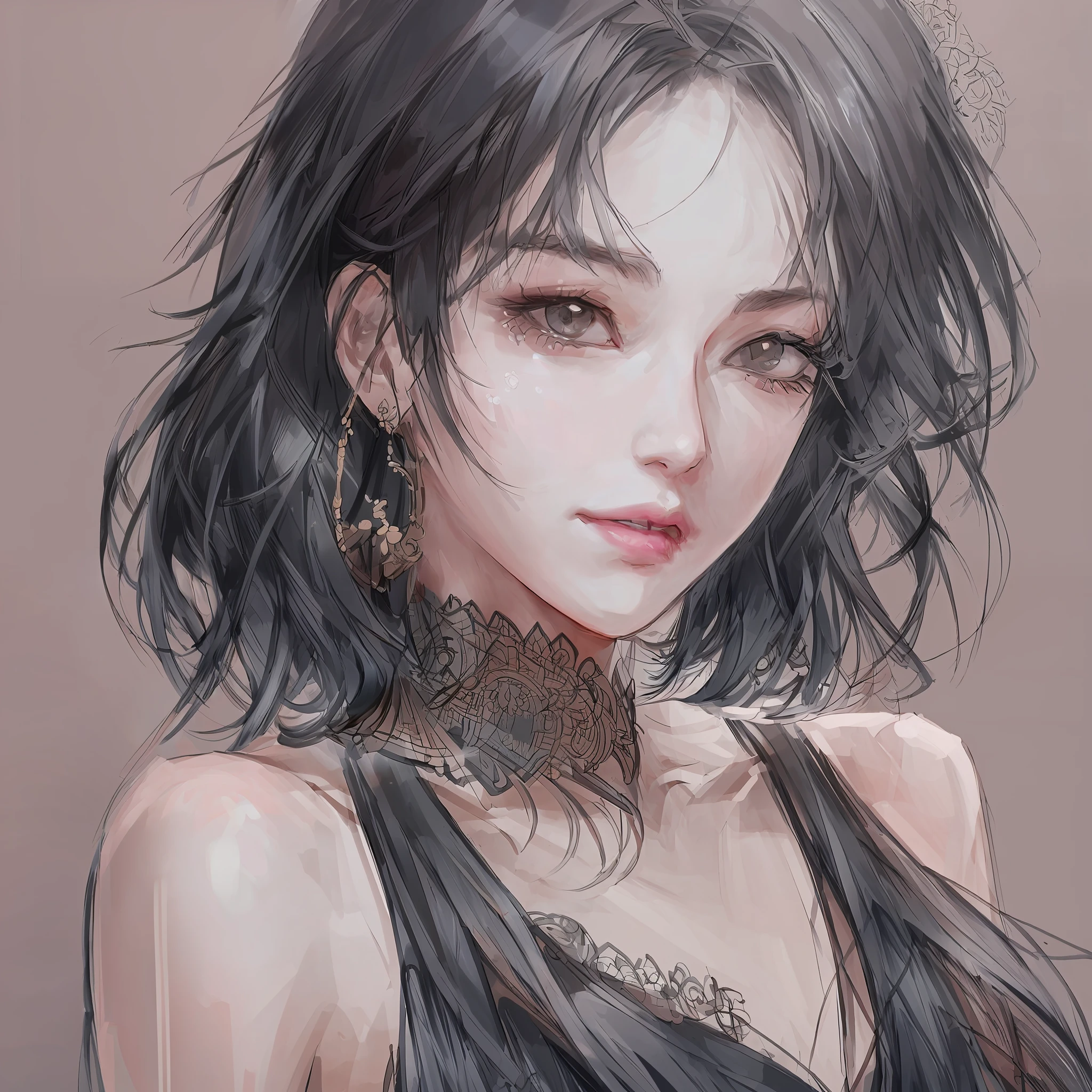 DBfantasyart style, line-art style, masterpiece, 1girl, a beautiful portrait of a short wavy haired female, manhwa, highly detailed, 8K resolution, black dress, detailed eyes, complex lighting {an extremely delicate and beautiful}, {{{masterpiece}}},