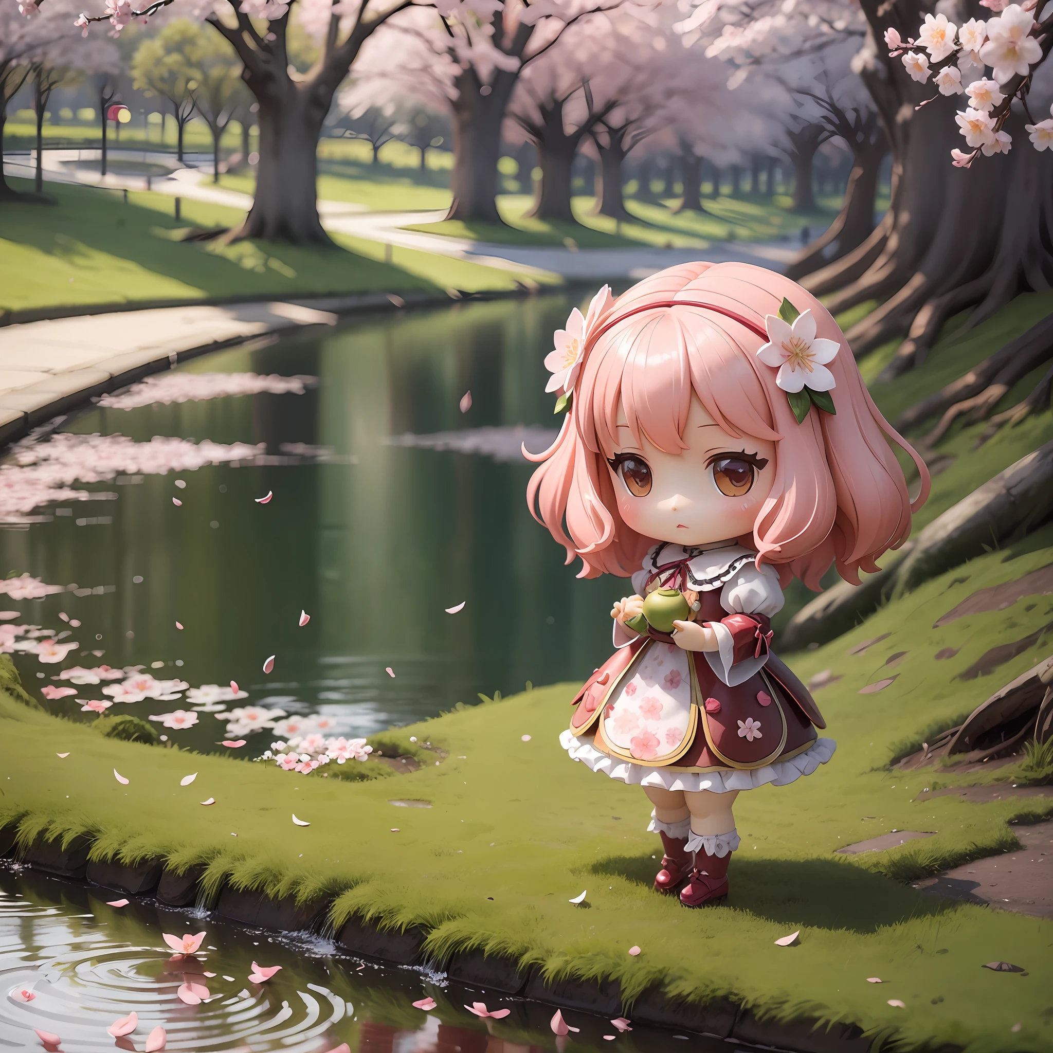 Doll posing in city park, Sengai, pixiv, dolfie dream, watercolor Nendoroid, (high definition figure), flowing cherry colored silk, nendroid, highly_detailed!!, cherry blossom petals, flowing cherry blossom silk, seasons!!: 🌸 ☀ 🍂 ❄