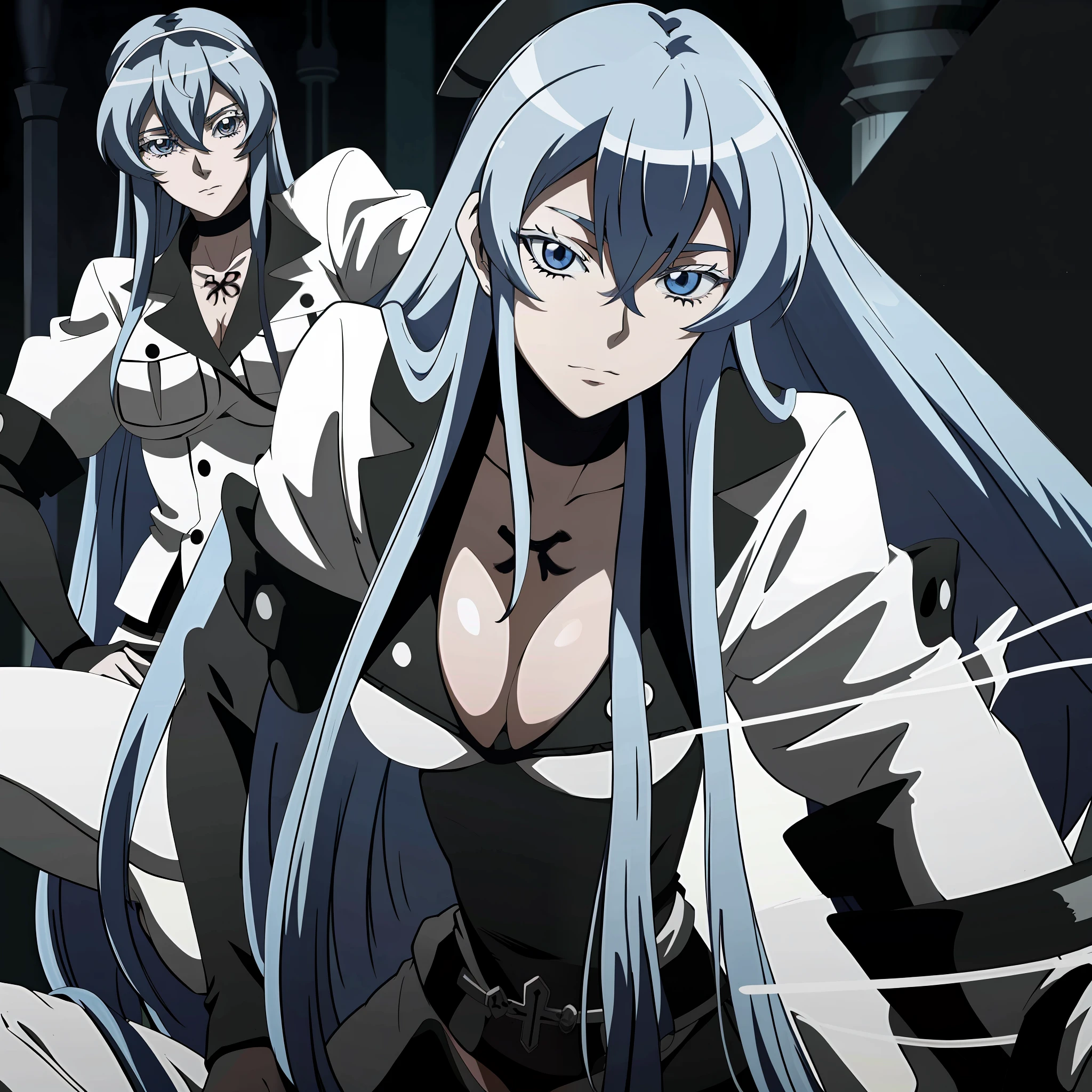 Esdeath, desenho no estilo de yusuke murata (1menina), (seios grandes), suor, realista, bikini com correntes, 1girl, pele clara, arte no estilo de Yusuke Murata, garota sozinha, olhos azuis, arte digital de anime, garota anime sexy, de anime feminino, arte de anime , big oppai , badass anime 8 k, arte de anime, roupa sexy, muito atratente, sensual,