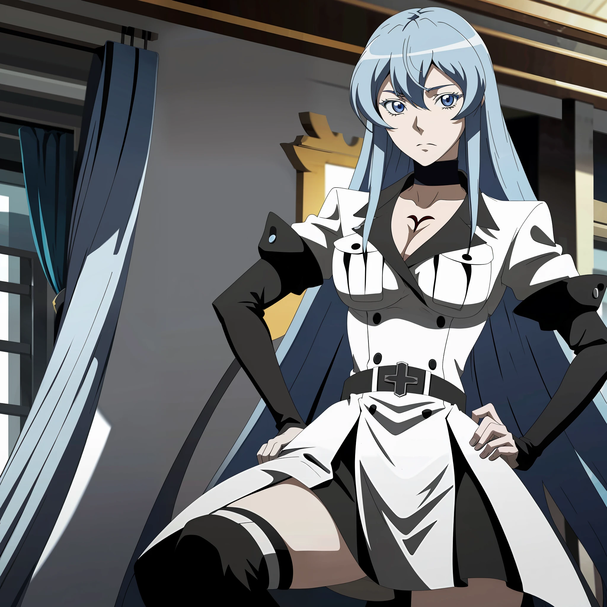 Esdeath, desenho no estilo de yusuke murata, Ilya Kuvshinov, pose dominadora, exercise clothes,