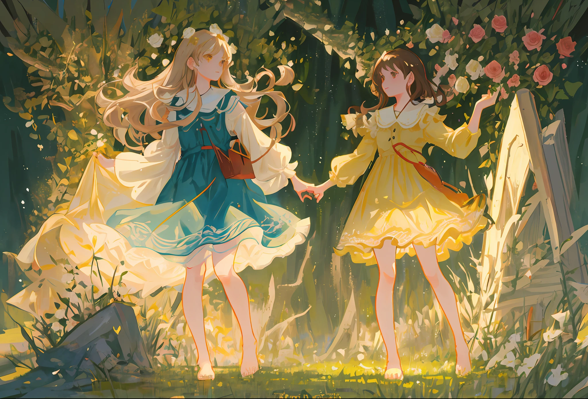 two barefoot girl walking in rose garden, evening light, one girl in short pale yellow dress and with long brown hair, another girl in short pale rose dress and with long light hair, going to each other, long legs, nice feet, nice toes, slim figure, nice belly, good mood, summer, flowers and glass of wine in hands, trees and plants, wet grass, fresh air, realistic style, best quality, elegant hands, beautiful feet, beautiful faces