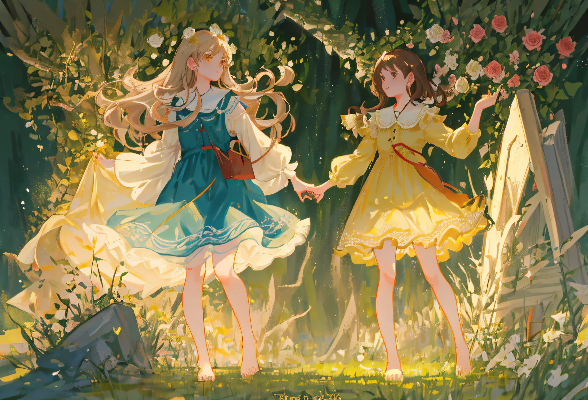 two barefoot girl walking in rose garden, evening light, one girl in short pale yellow dress and with long brown hair, another girl in short pale rose dress and with long light hair, going to each other, long legs, nice feet, nice toes, slim figure, nice belly, good mood, summer, flowers and glass of wine in hands, trees and plants, wet grass, fresh air, realistic style, best quality, elegant hands, beautiful feet, beautiful faces