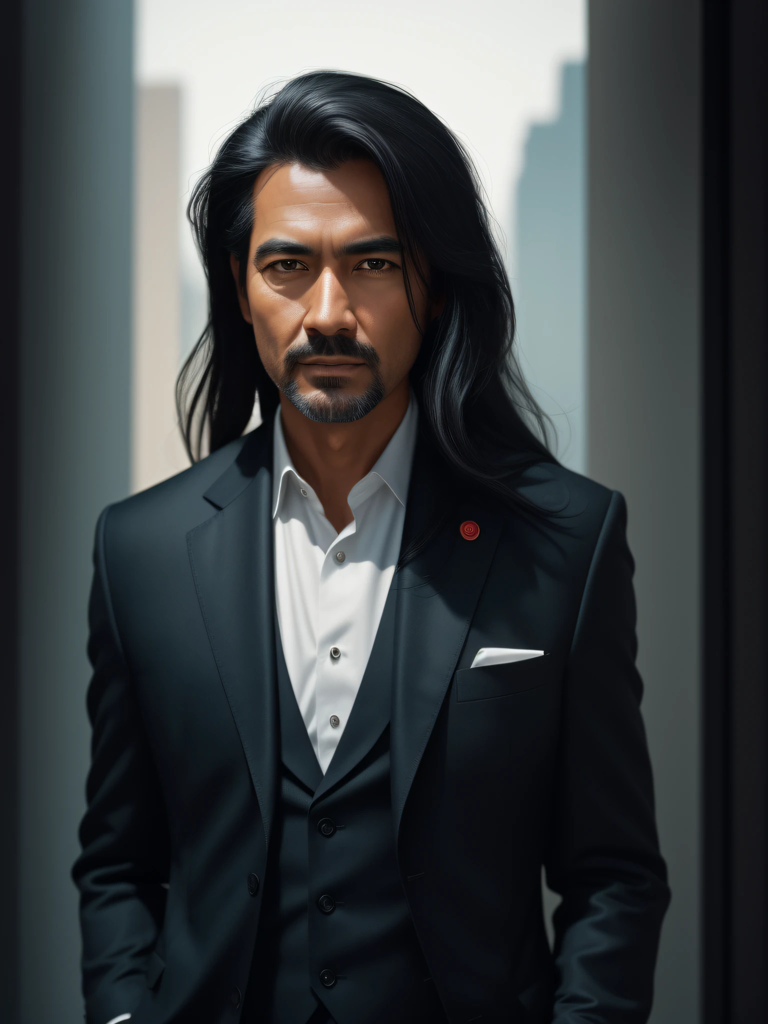 extremely detailed face, masterpiece, realistic, best quality, photorealistic, 8k, high res, standing, (looking at the camera), elegant suit, man, long black hair, by lee jeffries Nikon D850 film stock photography 4 kodak camera portra 400 lens f1.6 rich colors hyper realistic texture dramatic lighting irrealengine trending on artstation cinestill 800, (((full body)))