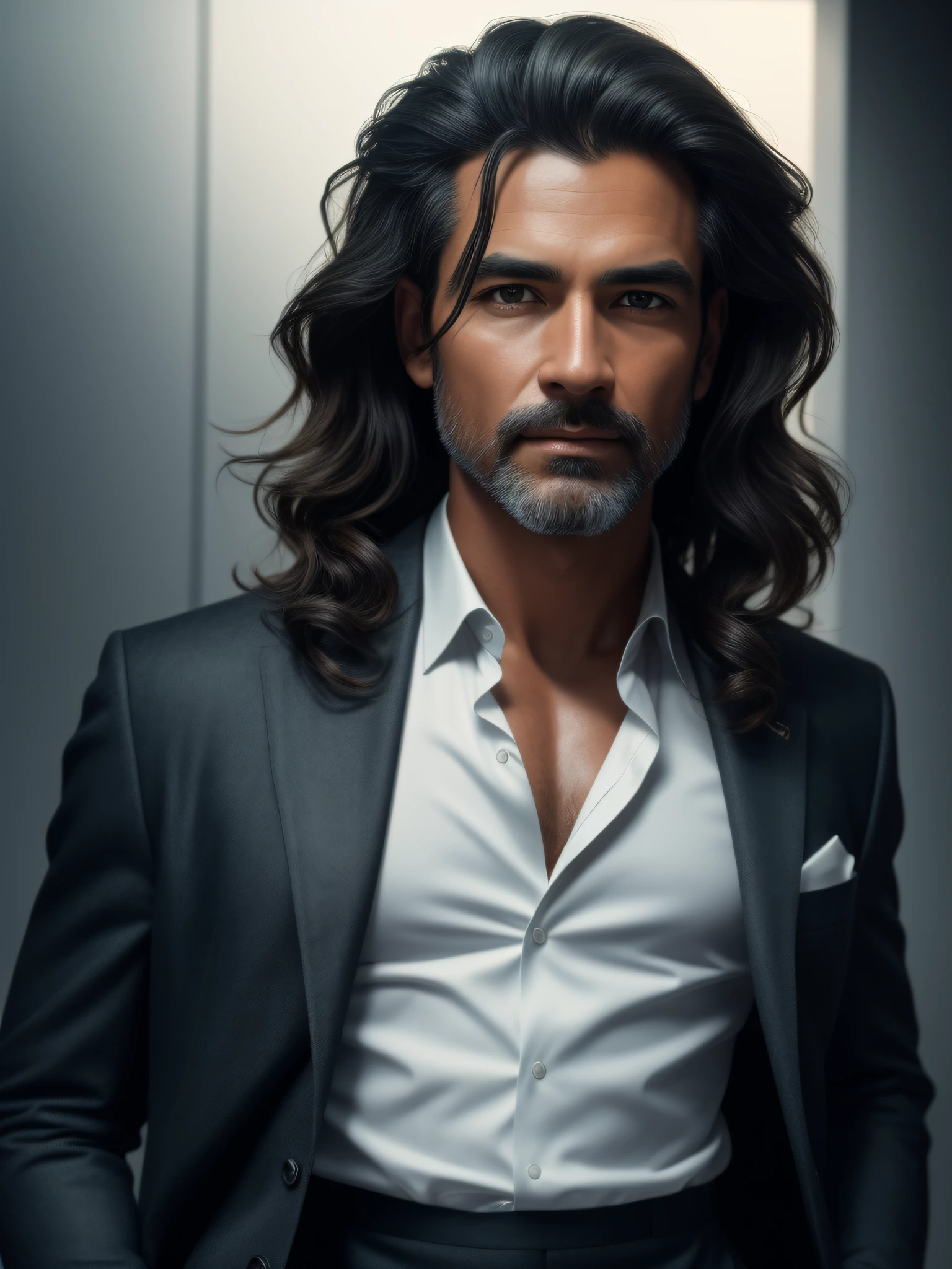 extremely detailed face, masterpiece, realistic, best quality, photorealistic, 8k, high res, standing, (looking at the camera), elegant suit, man, wavy hair black, by lee jeffries Nikon D850 film stock photography 4 kodak camera portra 400 lens f1.6 rich colors hyper realistic texture dramatic lighting irrealengine trending on artstation cinestill 800, ((( full body)))