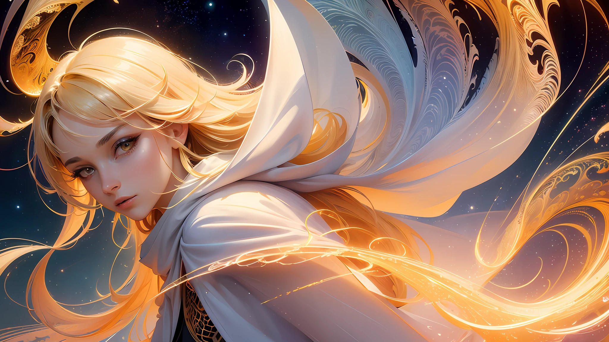 (masterpiece, top quality, best quality, official art, beautiful and aesthetic:1.2), (1girl), extreme detailed eyes, (fractal art:1.3), colorful, highest detailed, (perfect face), shiny skin, HDR, (white cloak golden lines:1.2), galaxy, (light streaks), striking visuals, (dynamic streaks, luminous trails:1.2), vibrant colors, (phoenix), (dragon)