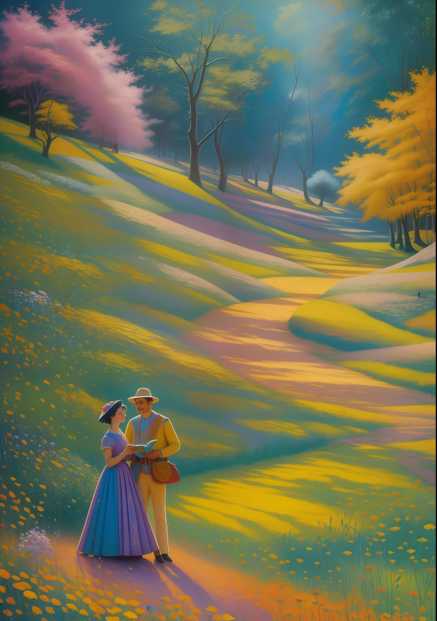 pintura de uma casal sentados em um campo coberto de grama com um livro, inspirado em Victor Nizovtsev, Direction: Mykola Burachek, arte caprichosa, Direction: Victor Nizovtsev, Direction: Alice Rahon, illustration
