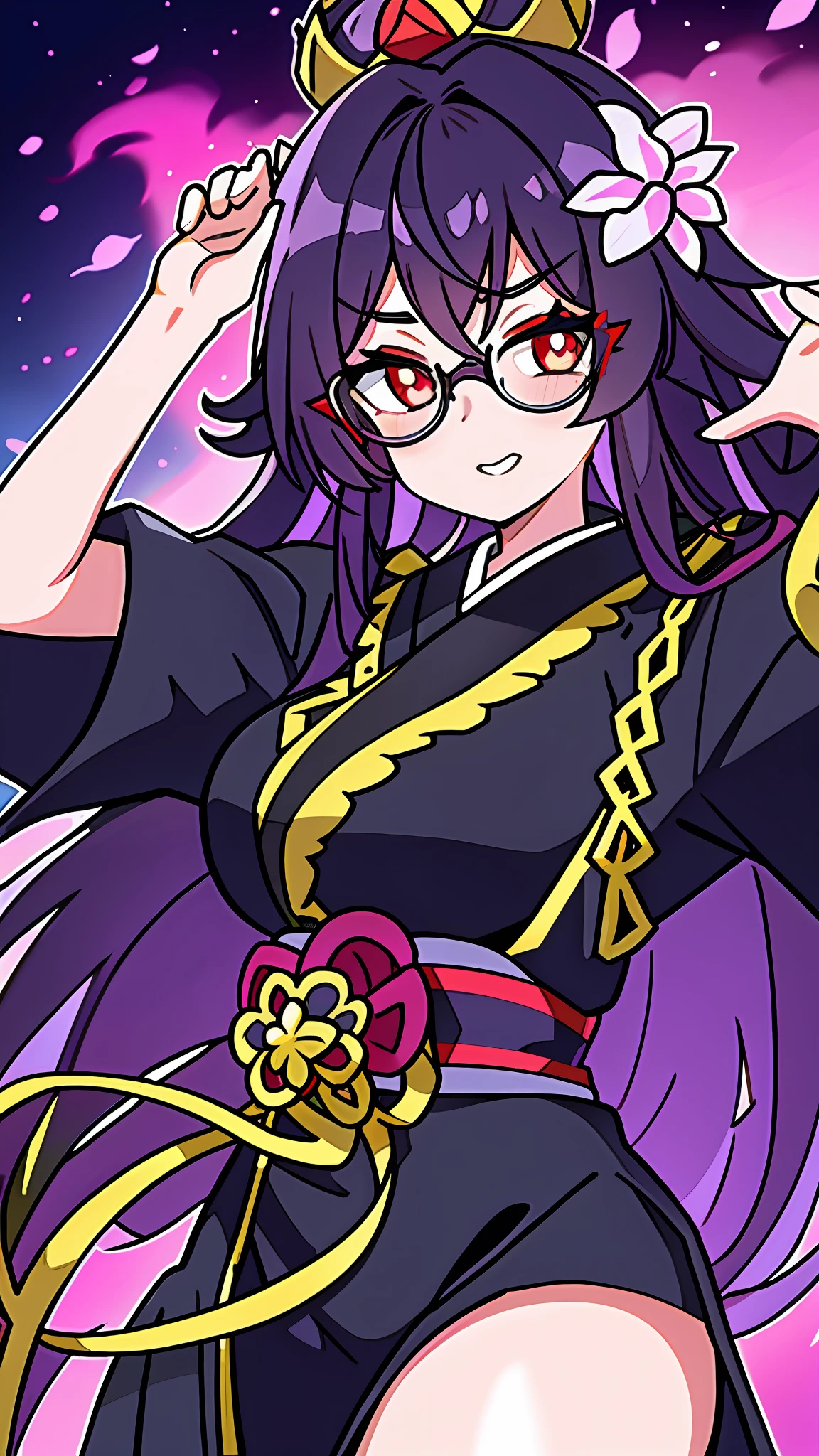 Cabelo longo roxo, Crown of flowers, round glasses black, heterocromia roxo vermelho, feminina, pele branco, colar preto, kimono, hanafuda,