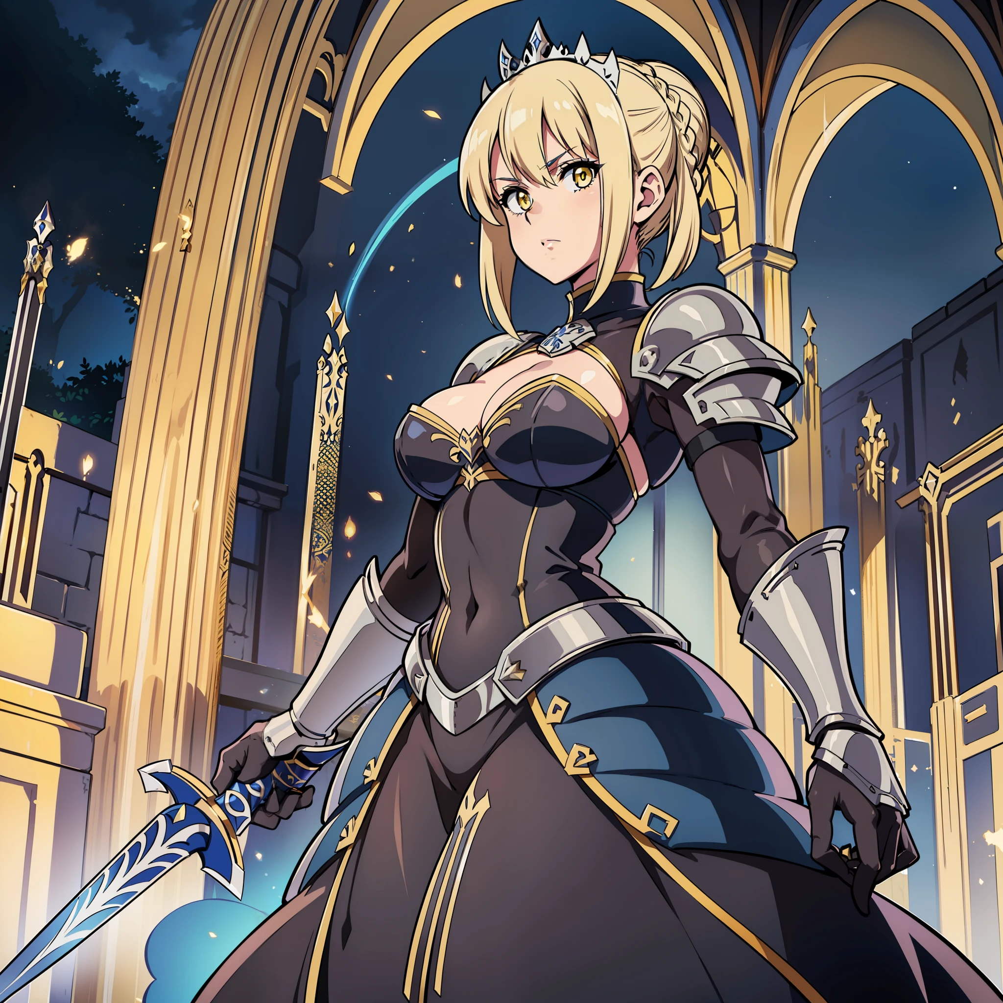 artoria pendragon (fate), saber alter, armor, yellow eyes, armored dress, excalibur morgan (fate), blonde hair, 1girl, looking at viewer, weapon, dress, sword, gauntlets, holding weapon,