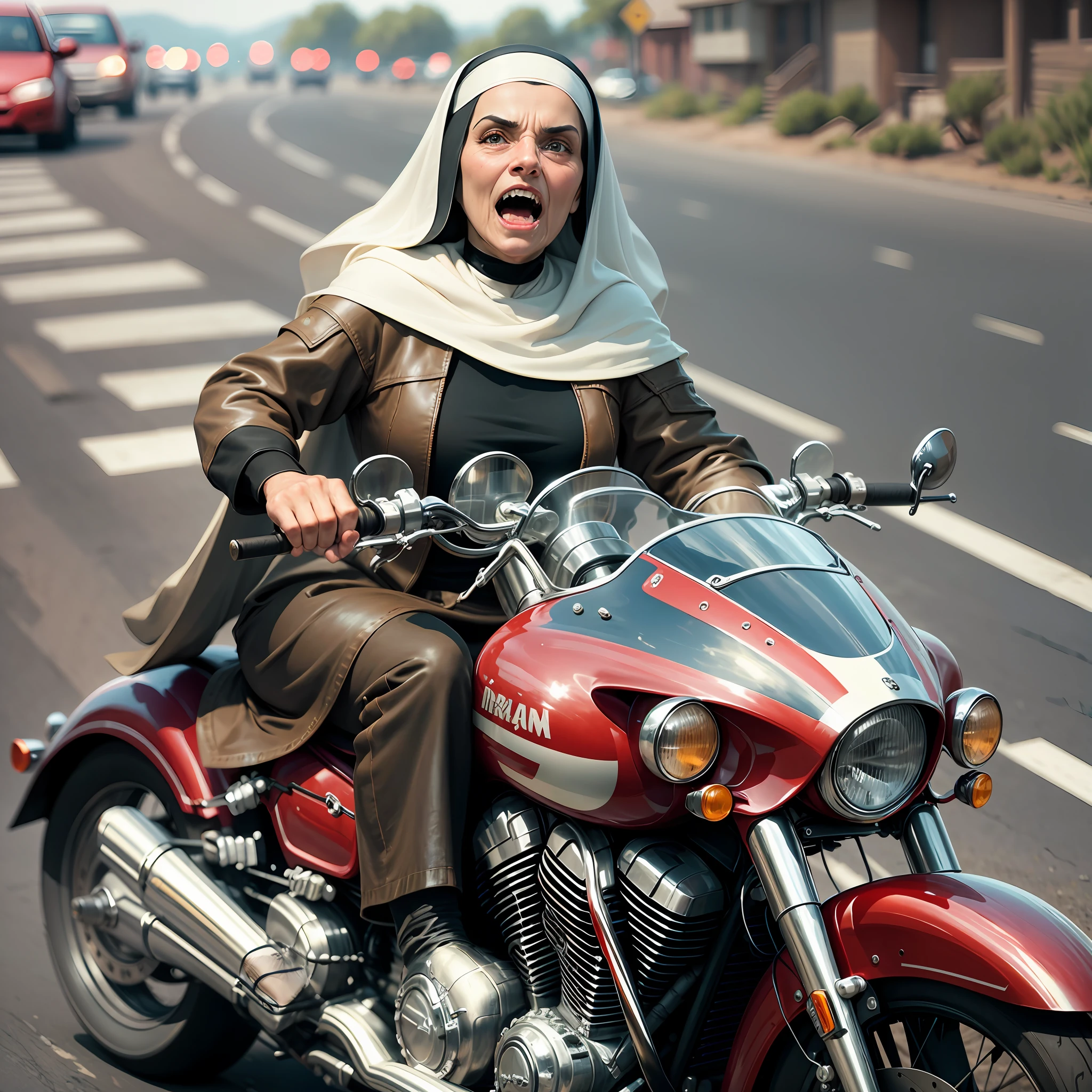 8k, RAW photo, best quality, masterpiece: 1.2), (realistic, photorealistic: 1.37), nun riding Indian motorcycle at high speed, crazy face. --auto --s2