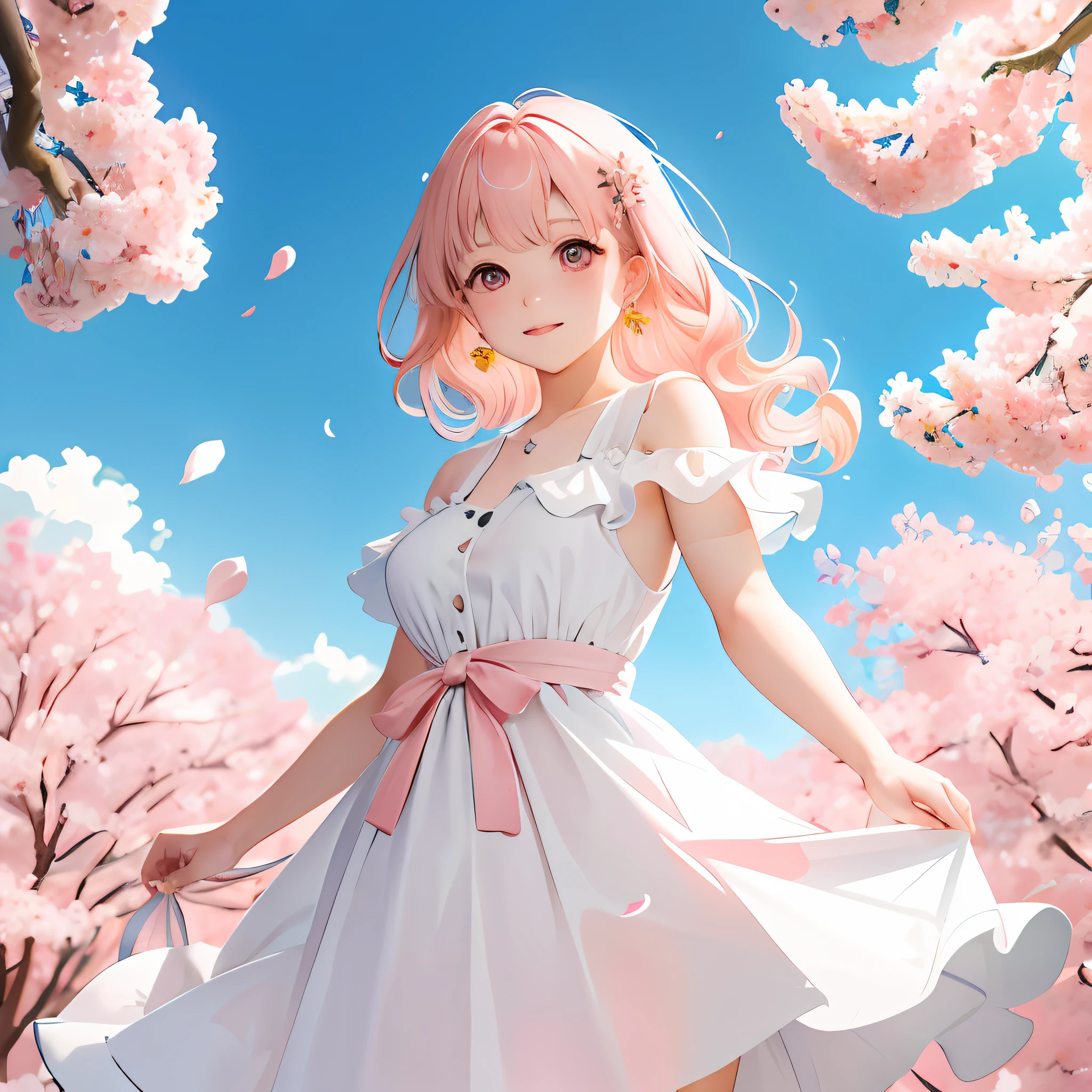 cherry_blossoms, falling_petals, petals, branch, pink_flower, 1girl, blue_sky, spring_\(season\), petals_on_liquid, flower, hanami, dress, Long curly blonde hair，solo, day, sky, short_hair, outdoors, cloud, bangs, smile, pink_eyes, white_dress, bare_shoulders, earrings, breasts, holding_flower, wind, tree, looking_at_viewer, cowboy shot,