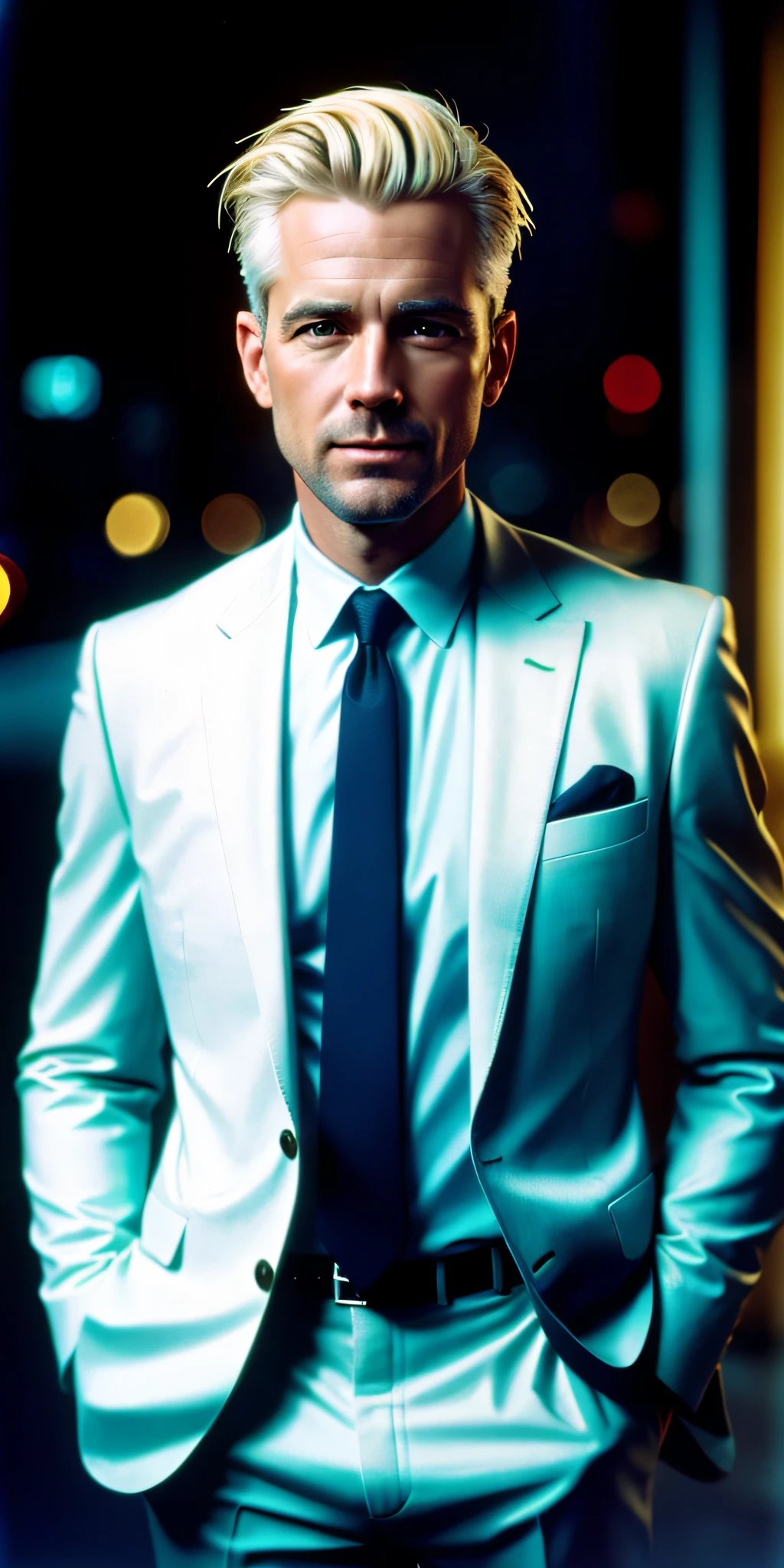 extremely detailed face, realistic, best quality, photorealistic, 8k quality, High ress, standing, (looking at camera), messy suit, (((man))), blonde hair, short hair, by lee jeffries Nikon D850 film stock photography 4 kodak portra 400 camera f1.6 lens rich colors hyper realistic realistic texture dramatic lighting unrealengine trending at artstation cinestill 800, (((full body))), friendly face, cigarette in mouth, cool style
