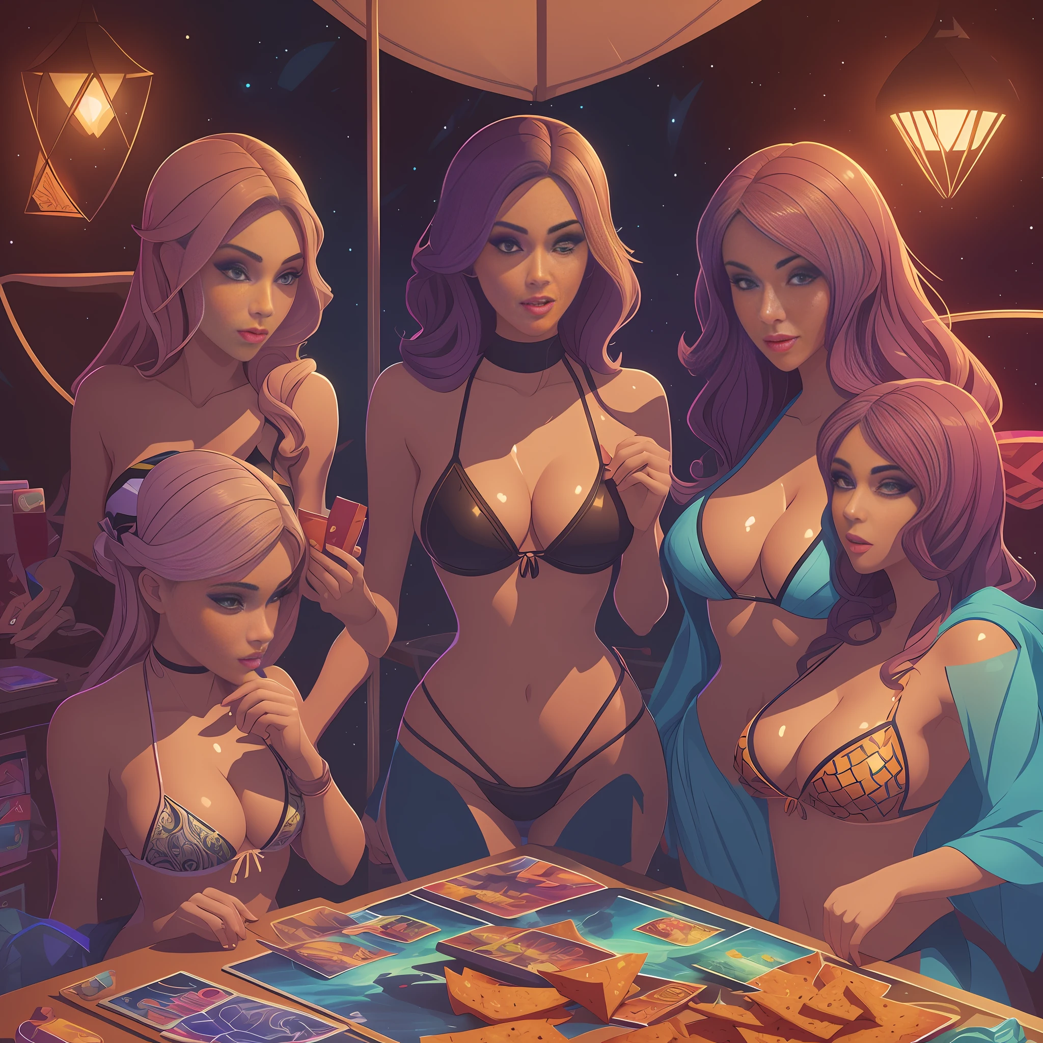 Three women in bikinis are standing around a table with doritos and condoms, godesses, stunning digital illustration, stylized digital illustration, game illustration, arte de fundo, arte oficial, deviantart artstation cgscosiety, bela arte digital, official illustration, art cover illustration, commercial illustration, digital illustration -, procreate illustration, 3 d epic illustrations, beautiful digital illustration