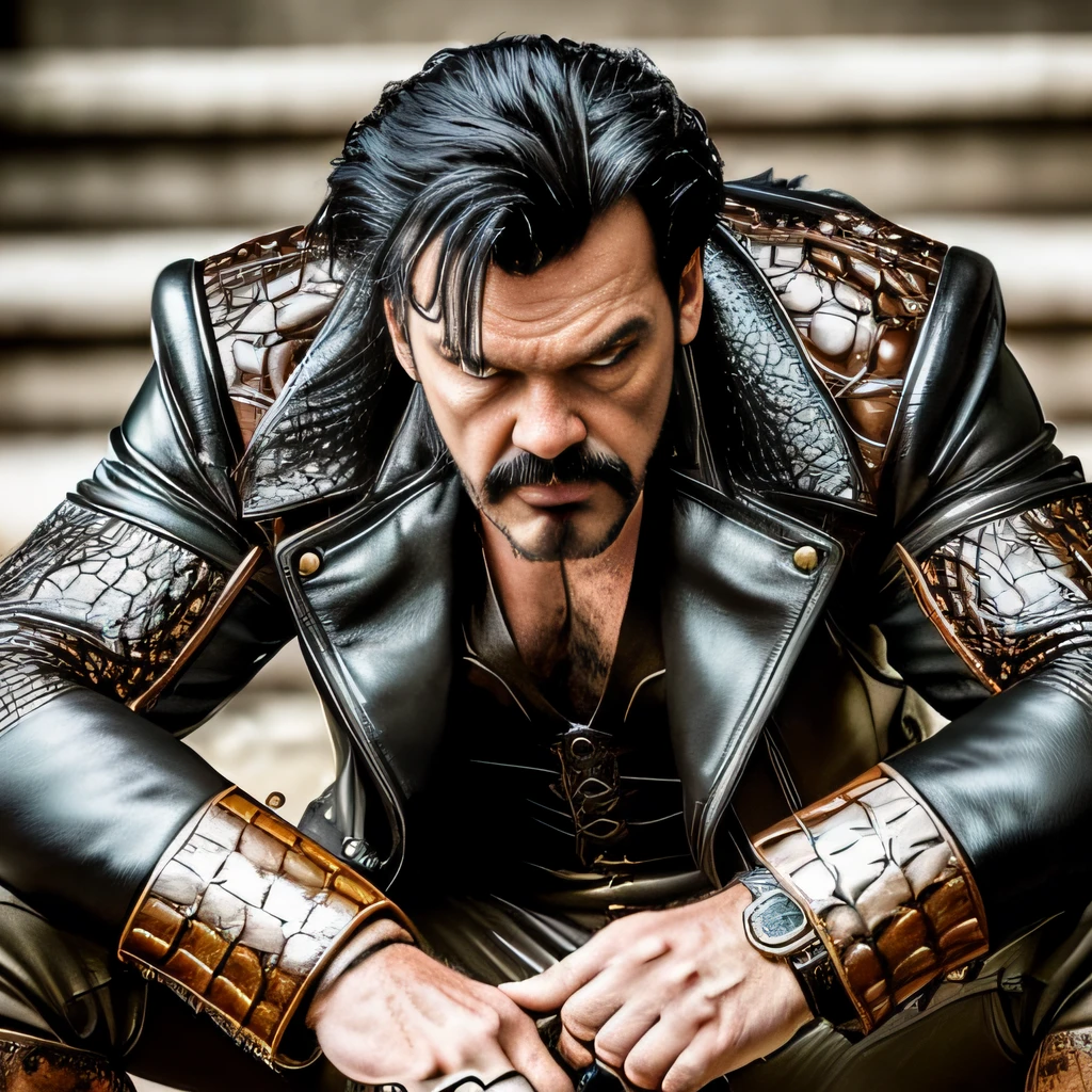 (4k, best quality, masterpiece), Realistic photo of (Kraven the hunter), menacing, perfect face, black eyes, (full body), Crocodile skin jacket, leather boots, high definition, ultra-detail-oriented