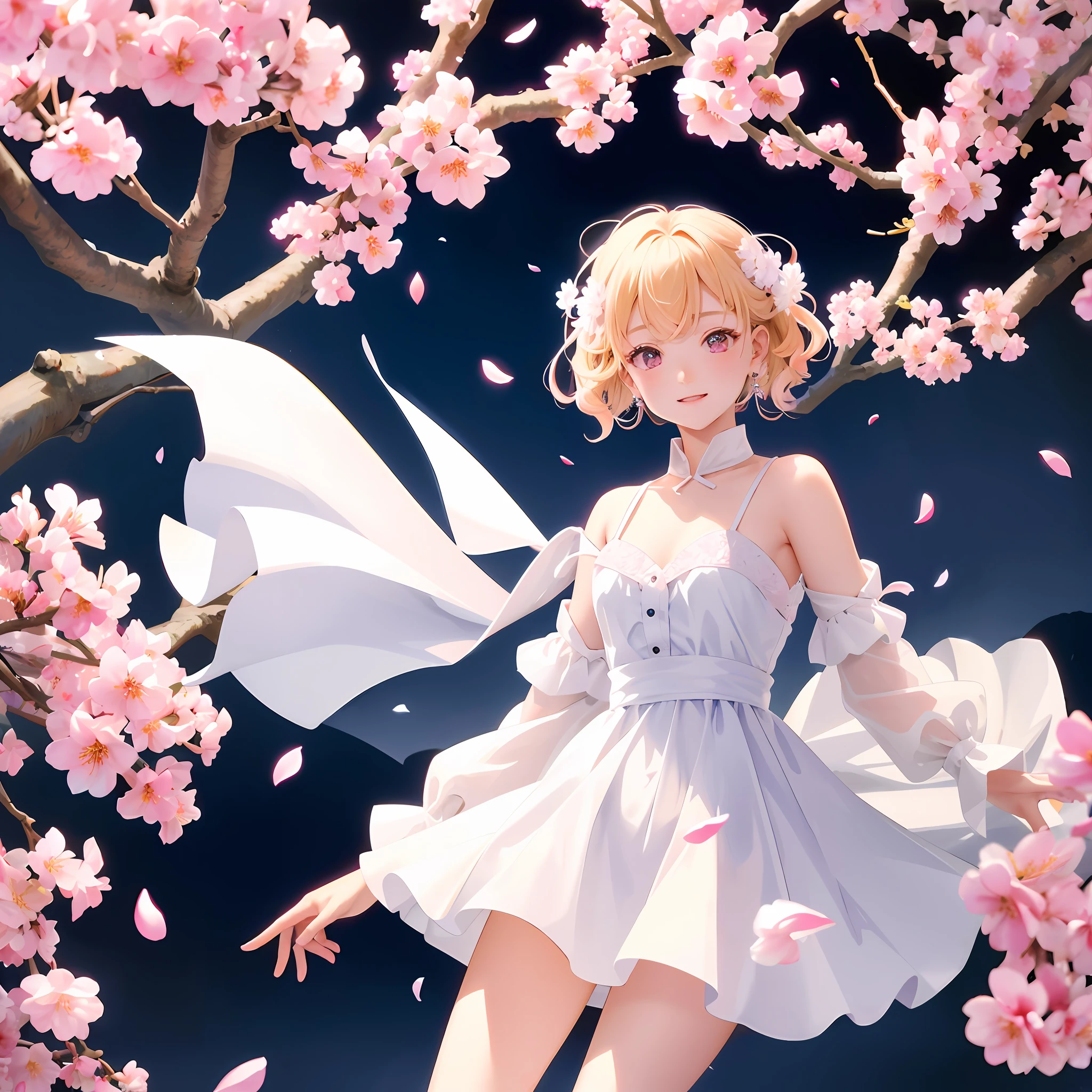 cherry_the flowers，, falling_flower petals, flower petals, branch, pink_flower, 1 girl, blue colored、_Sky ,、, spring_\(seasons\), flower petals_on_liquid, flower, hanami, dress, Long curly blonde hair，solo, Jour, Sky ,、, short_hair, out door，, cloud, Bangs, smiled、, pink_eyes, WHITE，_dress, bare_bshoulders, earings, breasts, holding_flower, Wind, tree, See_at_Viewer, cowboy shot,