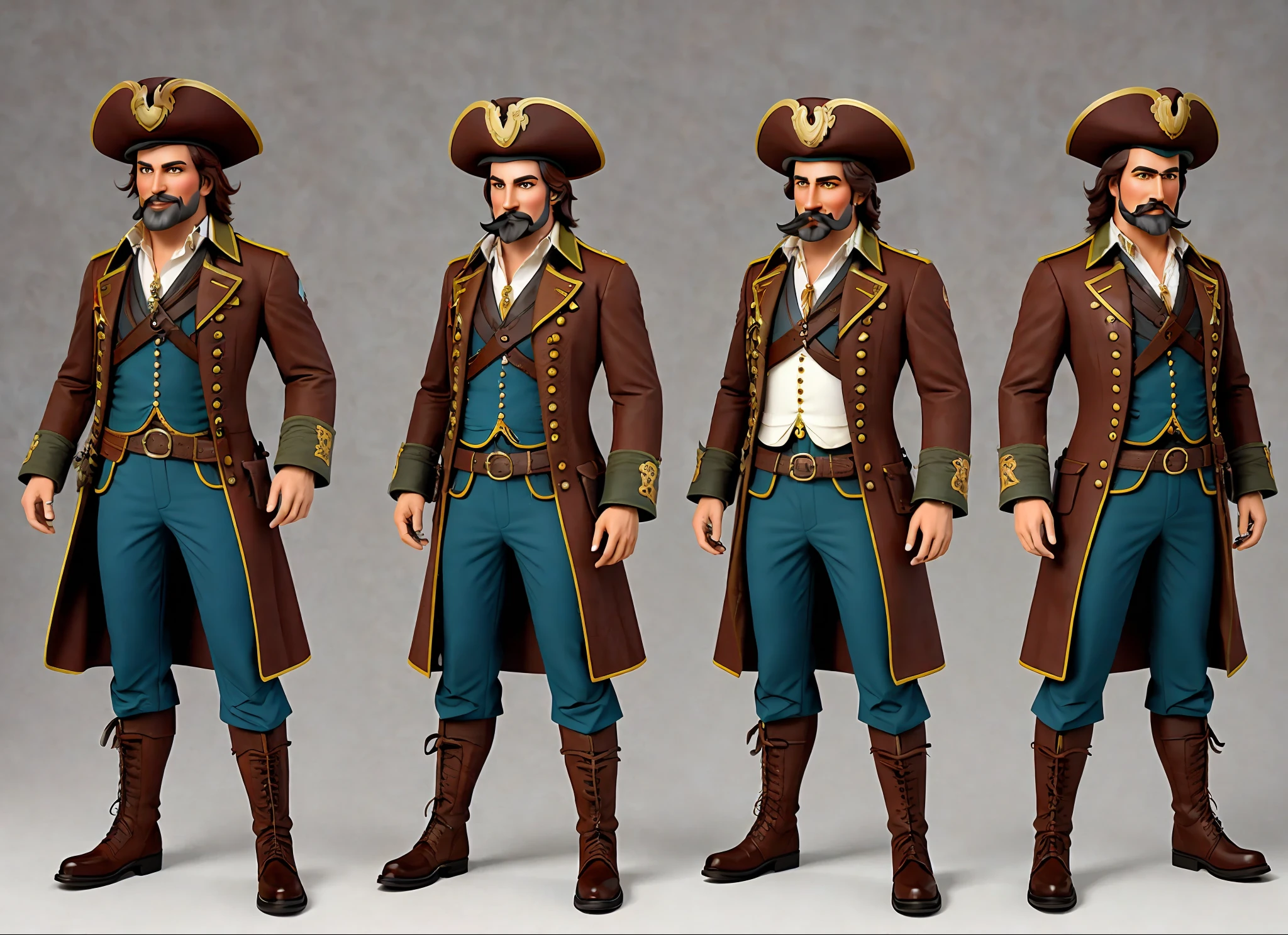 A photographic style character turnaround of a an 1800's flamboyant pirate captain with a big feather in his hat and a peg leg. Parrot, eyepatch, mustache, grin, highly detailed face. Multiple views of the same character in the same outfit, (15Charturn_longCap_D: .5), art by smoose2, ANALOG STYLE, MODELSHOOT STYLE, NSFW, NUDITY