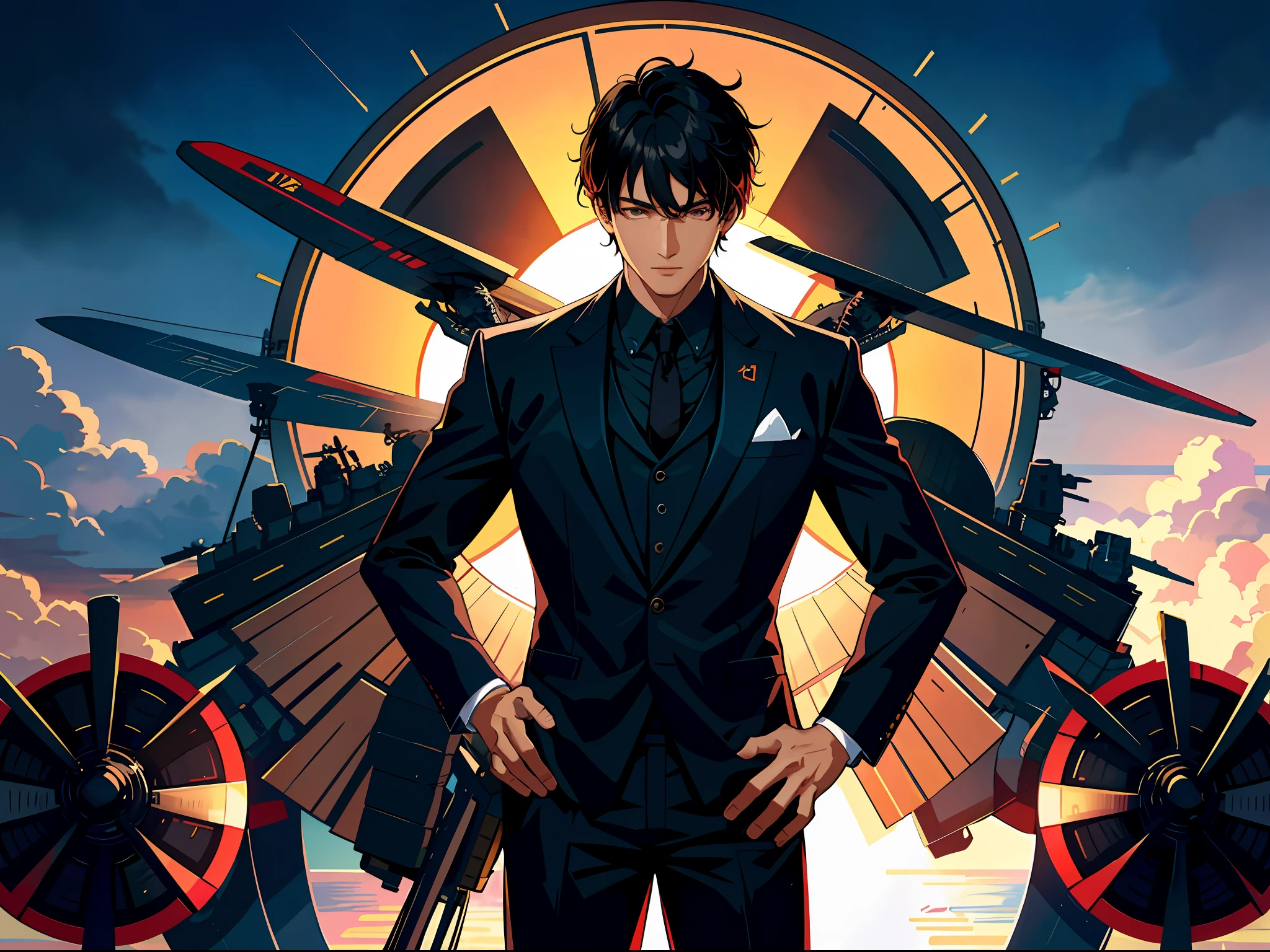 High resolution, highest quality, illustration, super detail, a handsome Chinese black-haired youth standing on the deck of an aircraft carrier in a black suit