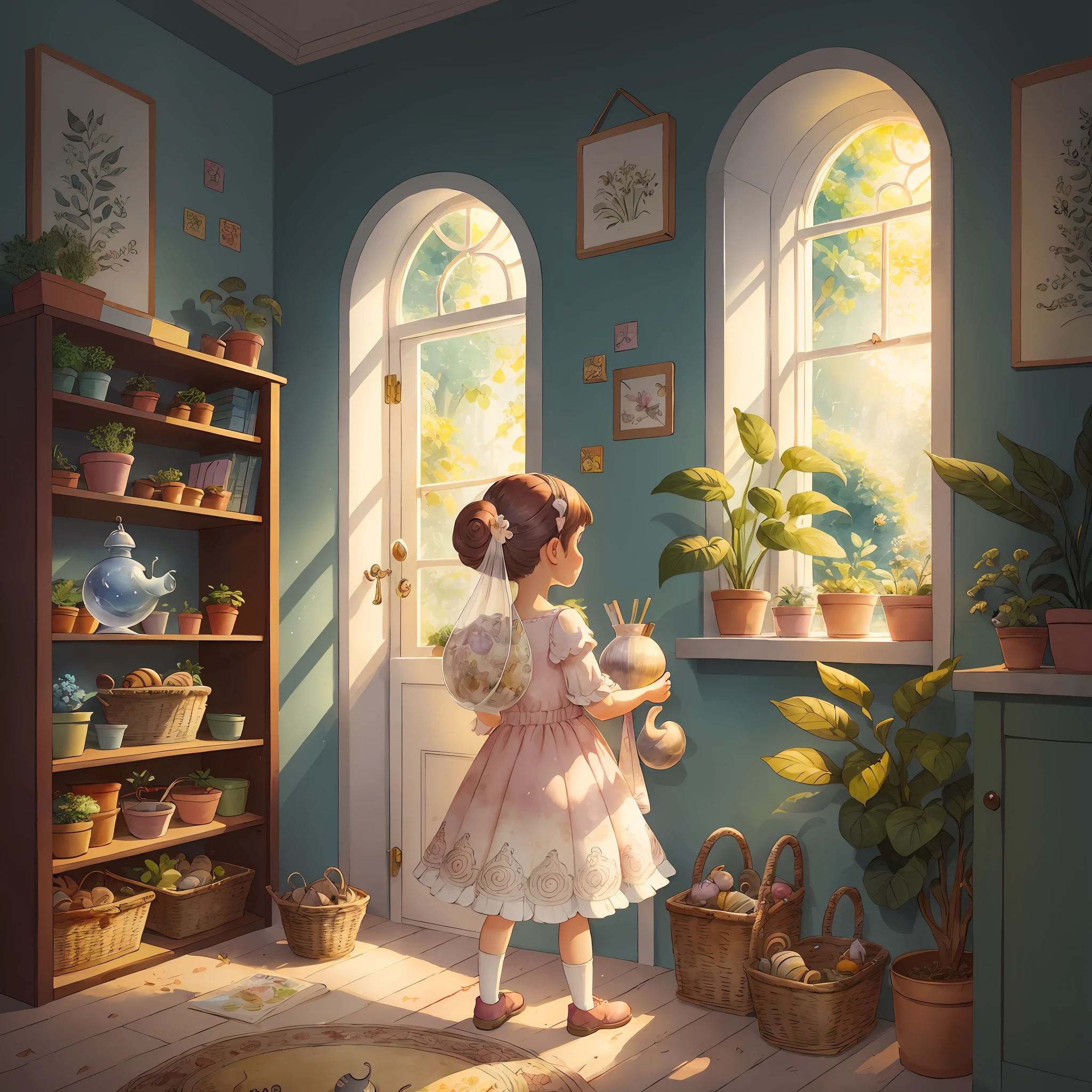 Create an enchanting illustration where a group of children is engaged in a fun game of hide-and-seek, searching for a hidden snail. The image should be filled with various objects, plants, and animals, creating a bustling scene. The children should be depicted with excitement and curiosity as they explore their surroundings, trying to spot the cleverly concealed snail. The use of watercolor and ink techniques will add a touch of whimsy to the illustration. Soft, natural lighting will enhance the dreamlike atmosphere, and pastel and bright colors will make the image visually appealing. The overall clarity should be moderate, allowing for a balance between intricate details and a hint of mystery. --auto --s2