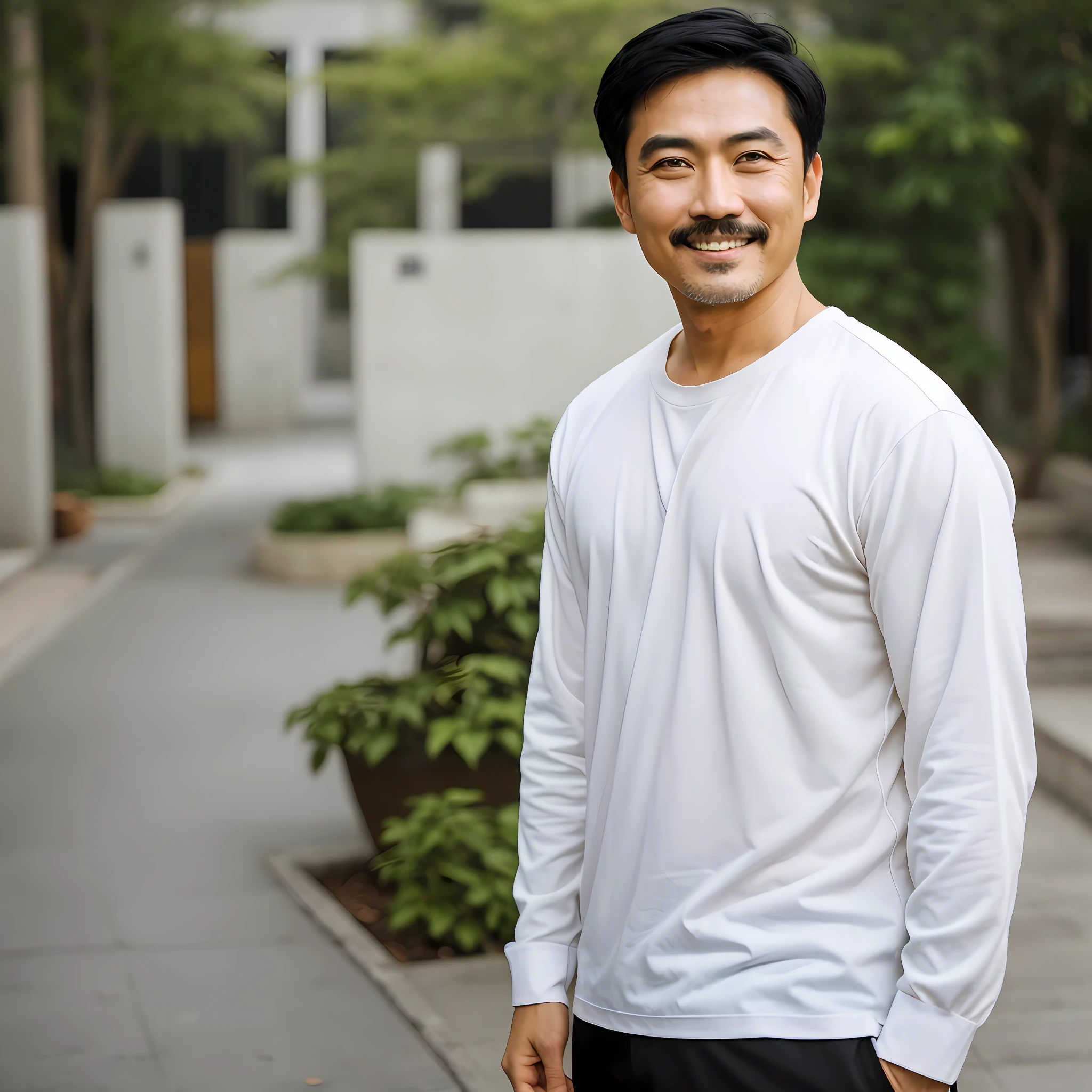 Asian Men、40 years old、short hair、thick eyebrows、Small eyes、slightly rounded nose、slightly larger mouth、slightly thicker lips、Bearded、White long sleeve shirt、half body、looking forward、a smiling look、