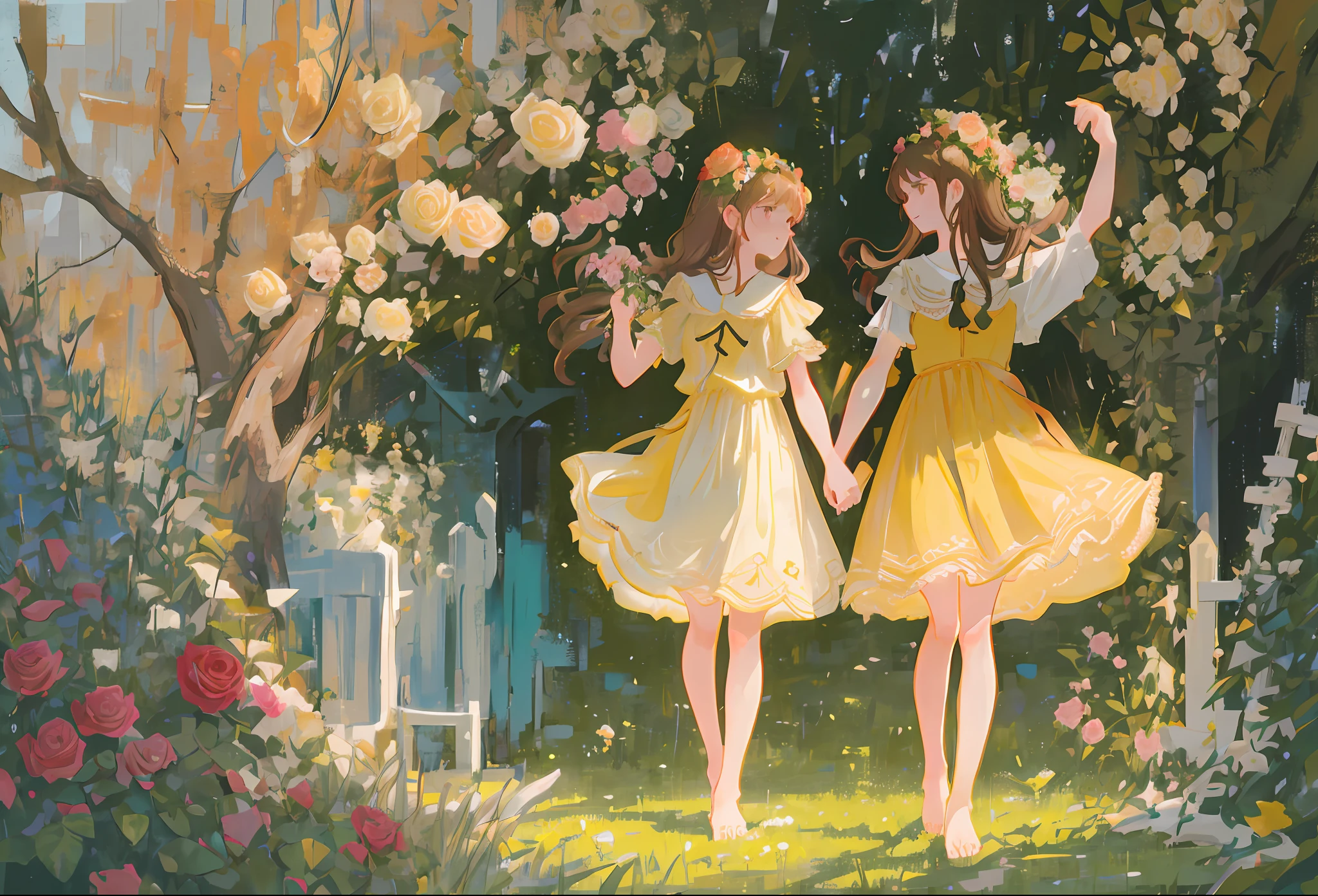 two barefoot girl walking in rose garden, evening light, one girl in short pale yellow dress and with long brown hair, another girl in short pale rose dress and with long light hair, going to each other, long legs, nice feet, nice toes, slim figure, nice belly, good mood, summer, flowers and glass of wine in hands, trees and plants, wet grass, fresh air, realistic style, best quality, elegant hands, beautiful feet, beautiful faces