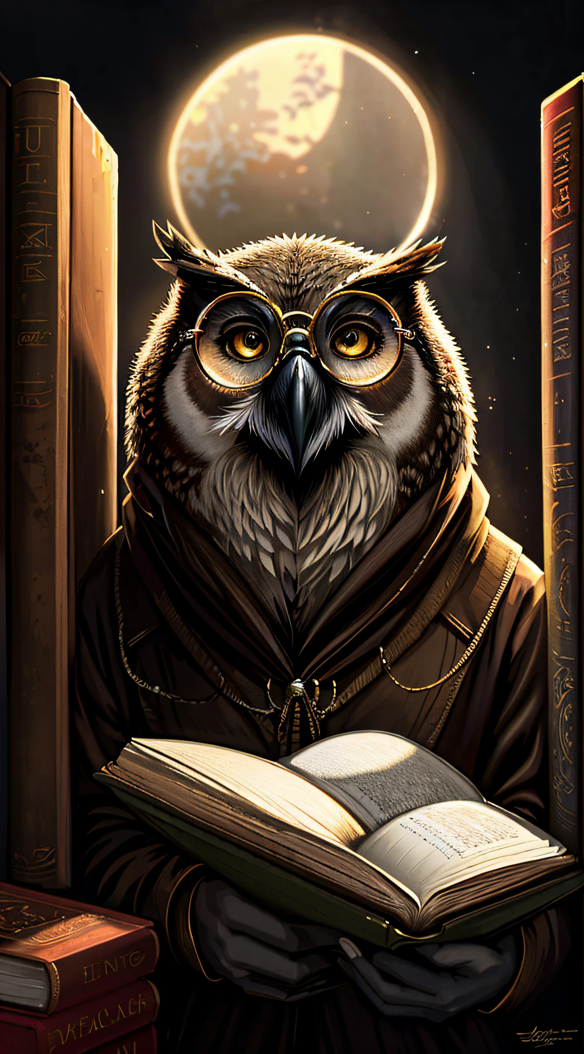 an image of a owl wearing glasses reading a book, assistente coruja, por Kerembeyit, Coruja Radiante, the wisest of all owls, nite - coruja, Anton Semenov, the librarian, Direction: Galen Dara, Direction: Eddie Mendoza, kerem beyit, Dan Mumford Tom Bagshaw, Direction: Adam Marczyński, coruja incandescente, arte detalhada