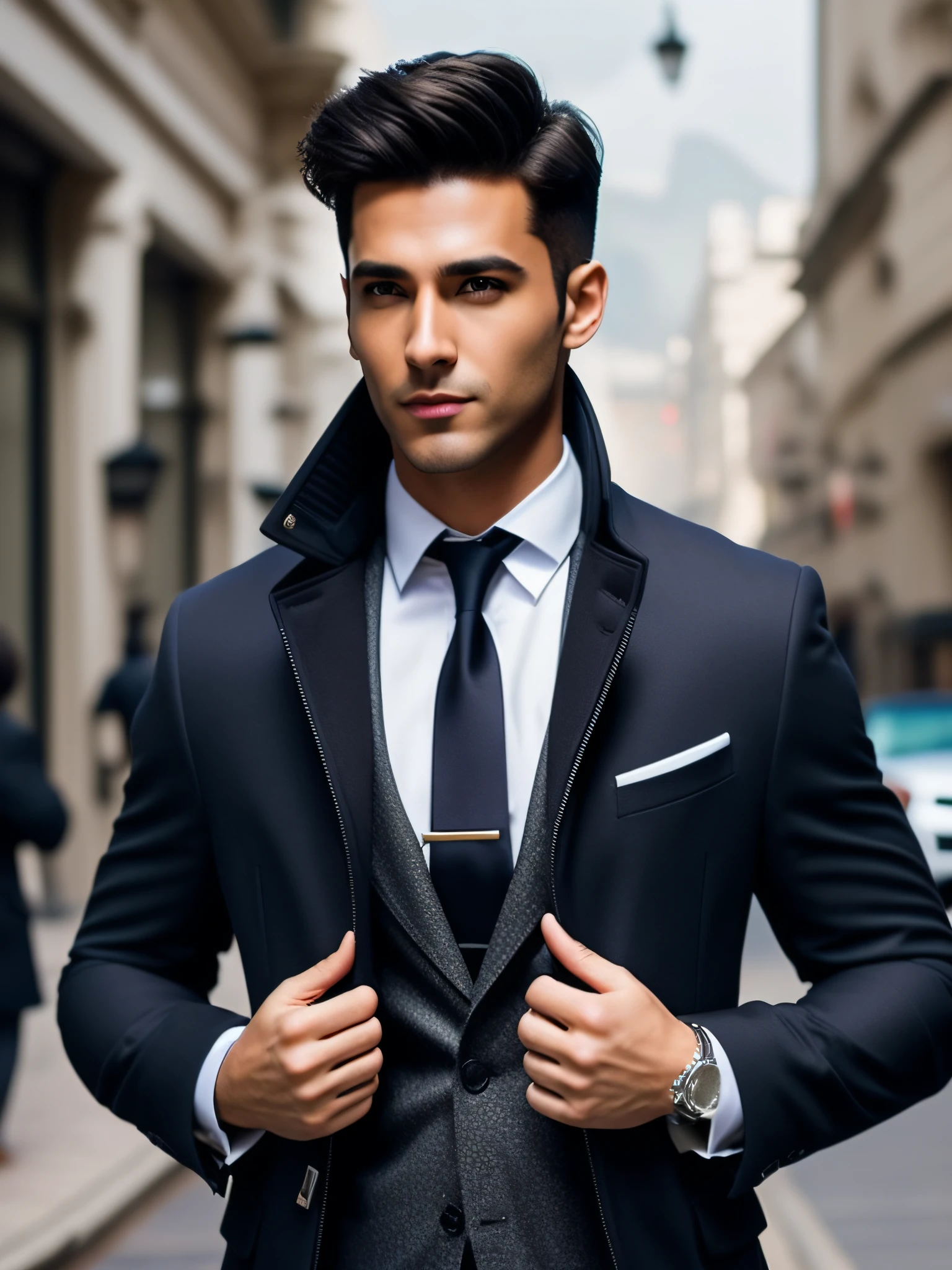 fking_scifi, fking_scifi_v2, retrato de um homem bonito de 30 anos, sedutor, extremamente atraente,longos cabelos preto e liso, clothes jacket and rich suit, walking down a street with a business briefcase, , close, pose real e atitude. fking_cinema_v2.