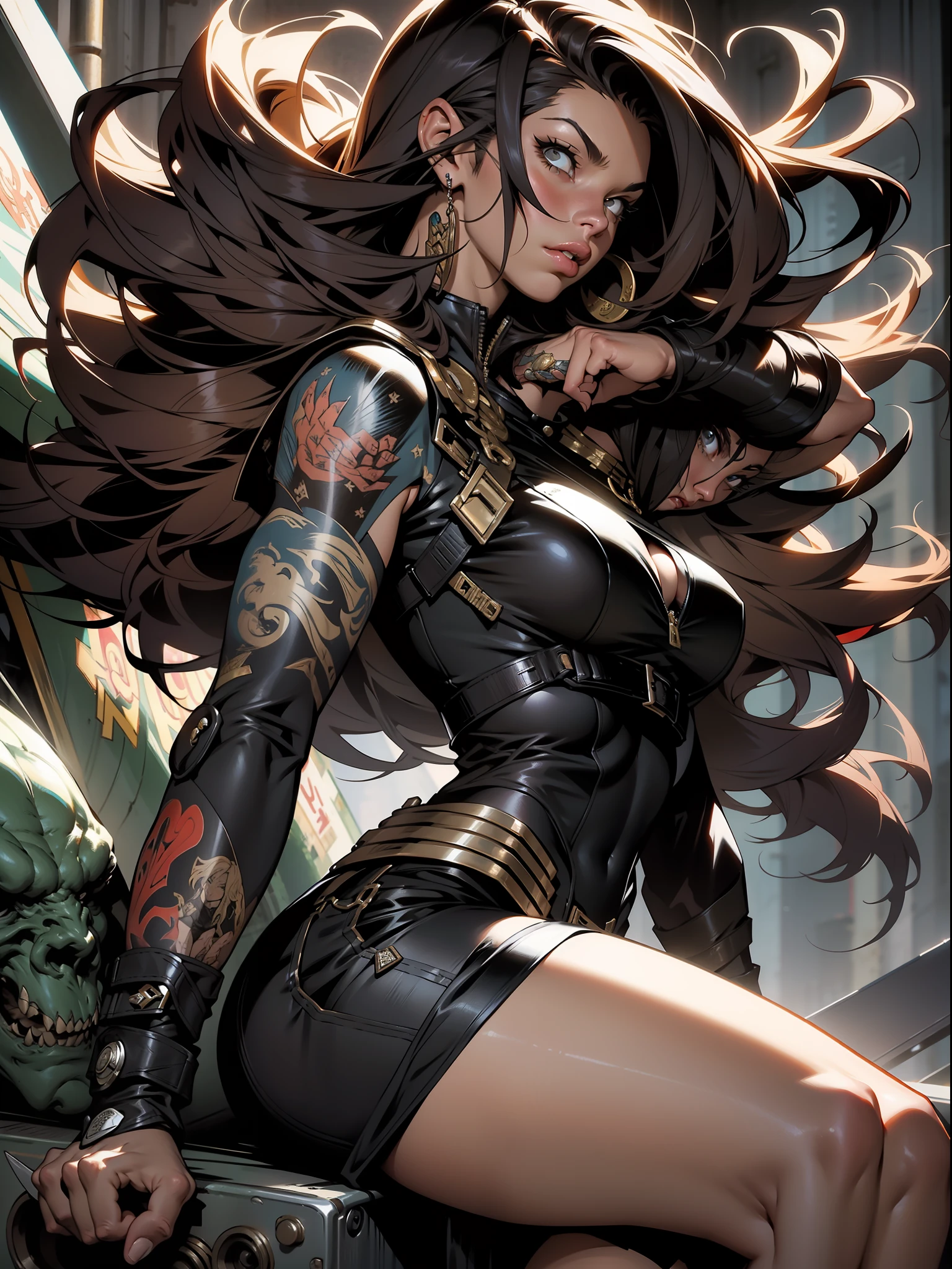 Uma guerreira mulher de 35 anos musculosa quase nua no estilo Simon Bisley para a capa da revista Heavy Metal, cabelo de cores variadas, Minimum clothing, Roupas de cores quentes e curtas,
