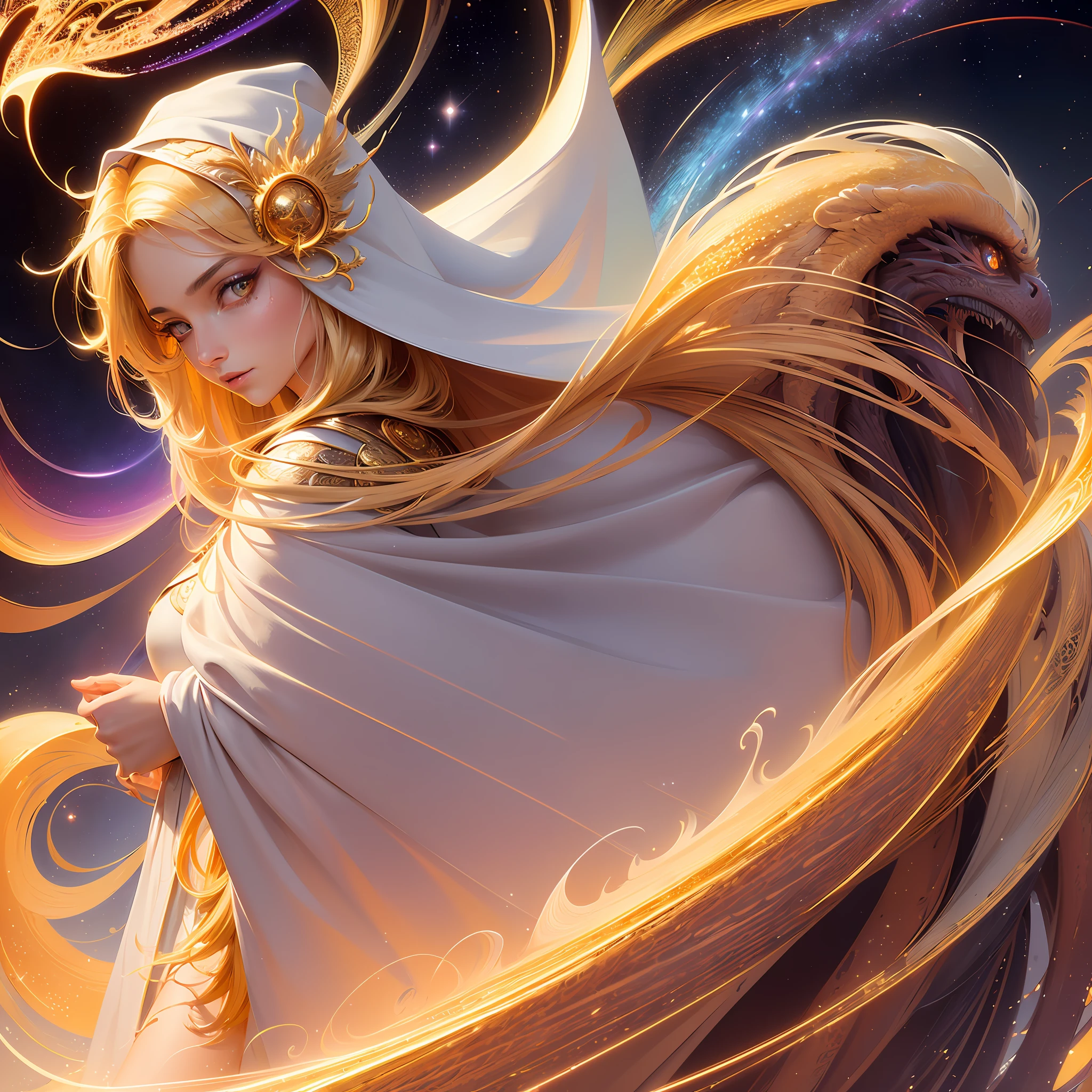 (masterpiece, top quality, best quality, official art, beautiful and aesthetic:1.2), (1girl), extreme detailed eyes, (fractal art:1.3), colorful, highest detailed, (perfect face), shiny skin, HDR, (white cloak golden lines:1.2), galaxy, (light streaks), striking visuals, (dynamic streaks, luminous trails:1.2), vibrant colors, (phoenix), (dragon)
