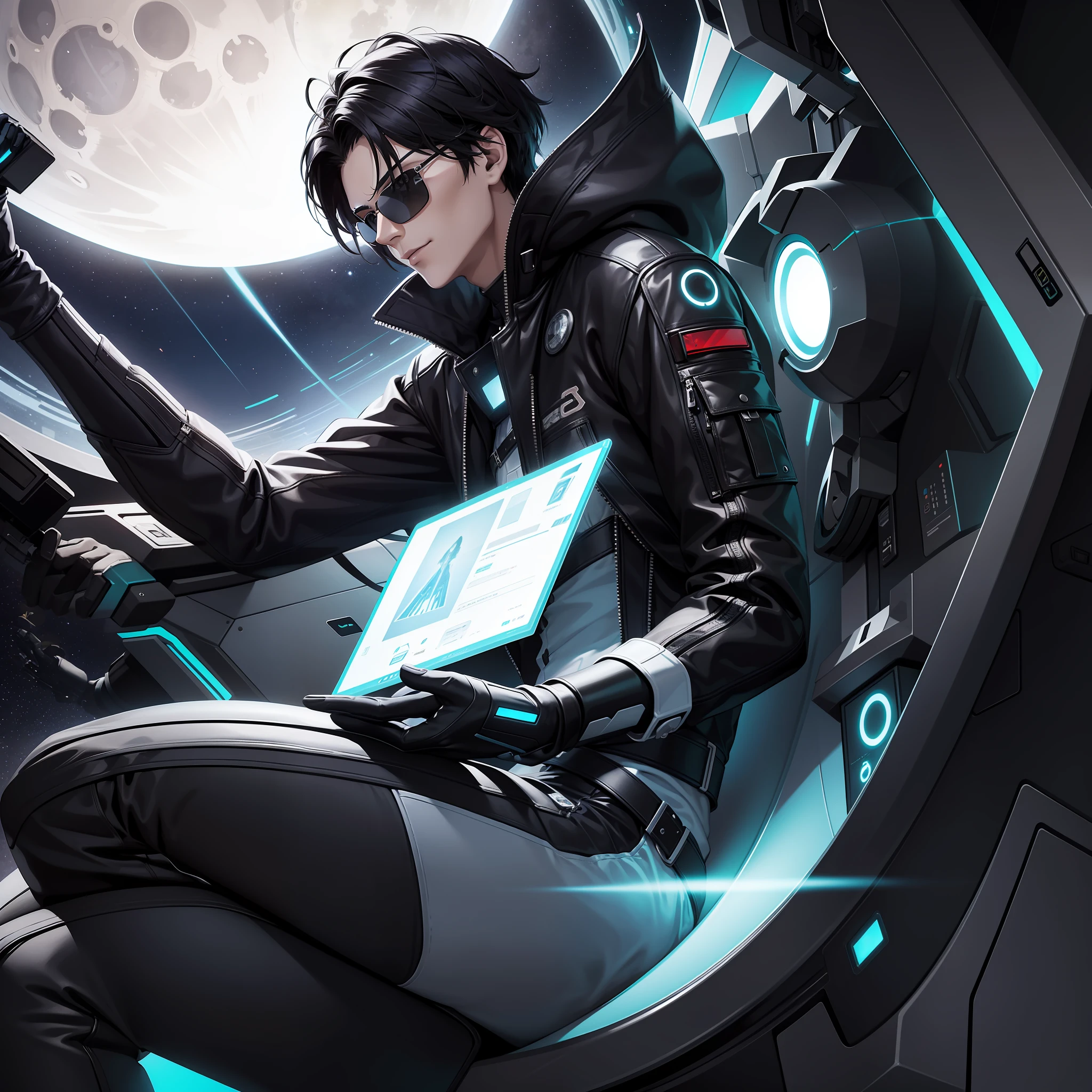 "Please generate an image of a cyberpunk-inspired male character with sleek black hair, styled in a center-parted manner. He is depicted wearing stylish sunglasses,a smiling look、 immersed in a space-themed environment featuring the moon and stars. His black hair should be neatly styled with a center parting, accentuating his symmetrical and polished appearance. The hair can have a sleek texture and a slight sheen, contributing to the futuristic aesthetic. The character wears fashionable sunglasses that exude confidence and charisma. Sunglasses、It should have a modern design with a sleek frame and tinted or reflective lenses. They add an air of mystery and sophistication to his overall look. Seated in a futuristic chair, he faces forward, projecting a sense of determination and focus. The chair can have a sleek and ergonomic design, incorporating metallic elements, luminescent lights, or embedded holographic displays. the space-themed backdrop should feature the moon and stars, creating an awe-inspiring atmosphere. The moon should be prominently displayed, showcasing its craters and ethereal beauty. Stars and celestial objects should fill the scene, adding a touch of cosmic wonder. The character interacts with the environment using augmented reality (AR) technology、、. You can include holographic displays, virtual interfaces, or data streams surrounding him, enhancing his perception and interaction with the cybernetic world. Ensure that the character's expression conveys a sense of confidence and determination. His gaze should be forward-looking, reflecting his readiness to face the challenges of the cyberpunk world. Overall, the image should capture the essence of a cyberpunk universe, where advanced technology coexists with the beauty of space. Please ensure the composition is visually captivating, paying attention to the character's design, the sunglasses, the hair style, Elements that would be, the chair, and the space-themed backdrop." Please note that I am a te