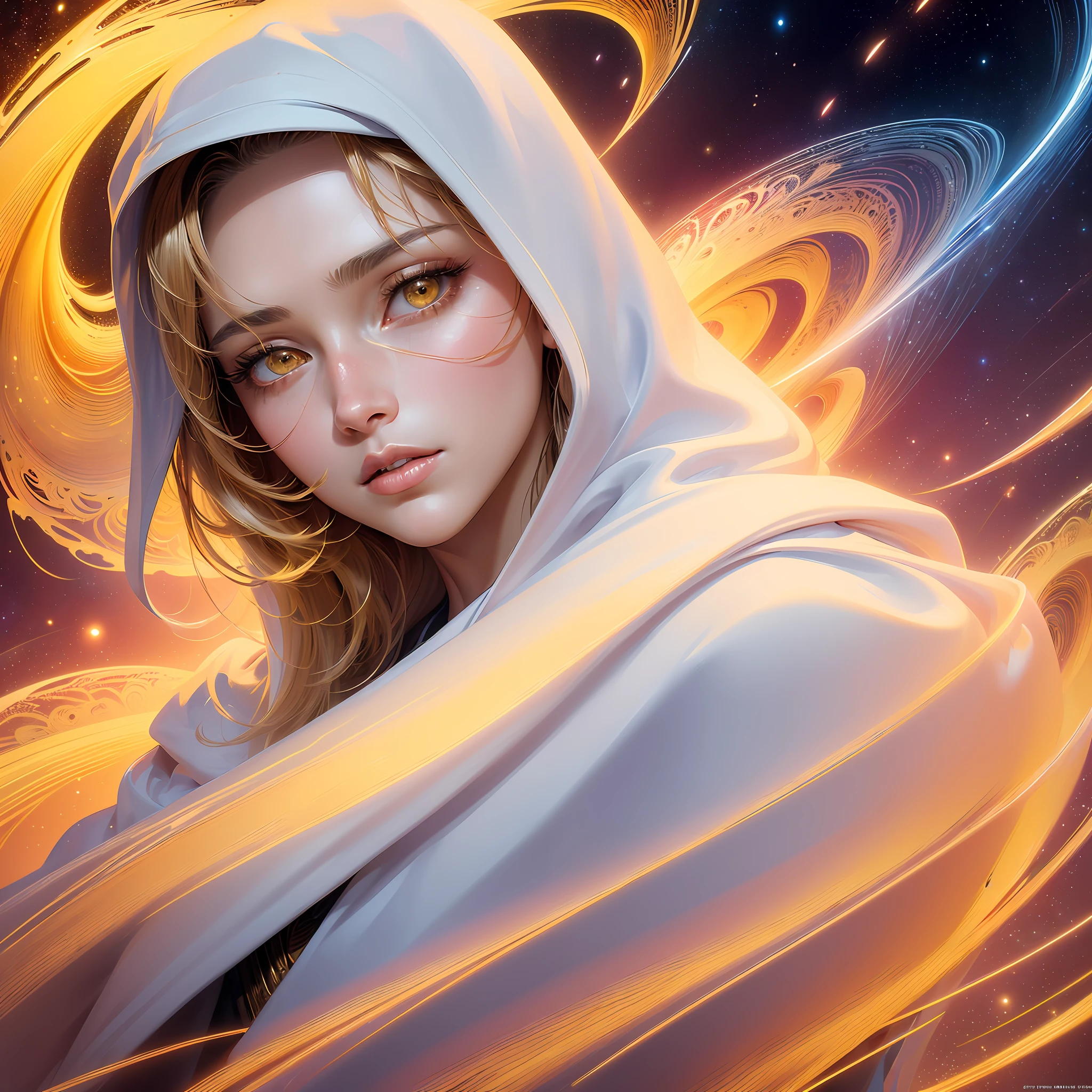 (masterpiece, top quality, best quality, official art, beautiful and aesthetic:1.2), (1girl), extreme detailed eyes, (fractal art:1.3), colorful, highest detailed, (perfect face), shiny skin, HDR, (white cloak golden lines:1.2), galaxy, (light streaks), striking visuals, (dynamic streaks, luminous trails:1.2), vibrant colors, (phoenix), (dragon)