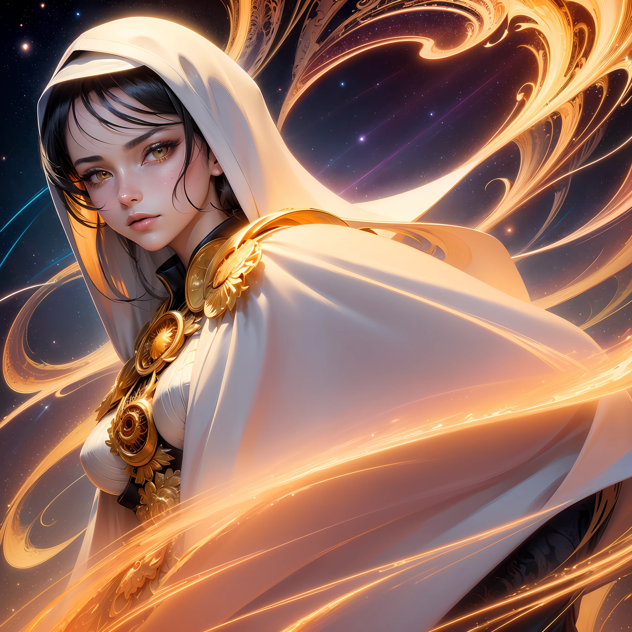 (masterpiece, top quality, best quality, official art, beautiful and aesthetic:1.2), (1girl), extreme detailed eyes, (fractal art:1.3), colorful, highest detailed, (perfect face), shiny skin, HDR, (white cloak golden lines:1.2), galaxy, (light streaks), striking visuals, (dynamic streaks, luminous trails:1.2), vibrant colors, (phoenix), (dragon)