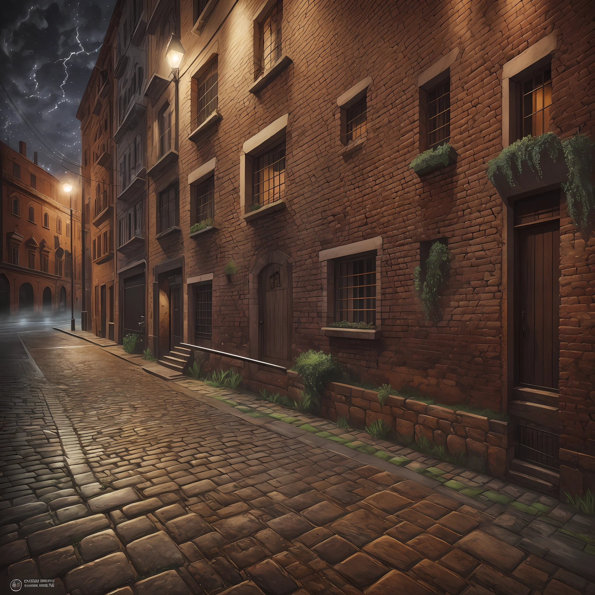 CG, drawing, An ultra-detailed detailing, Clarity, 8KK, realistic fentezi, Streetscape, dirty brick wall, pavement, night, mist, cobweb, Rotten beer barrel, Dark colors, Horror, fentezi, realism --auto --s2