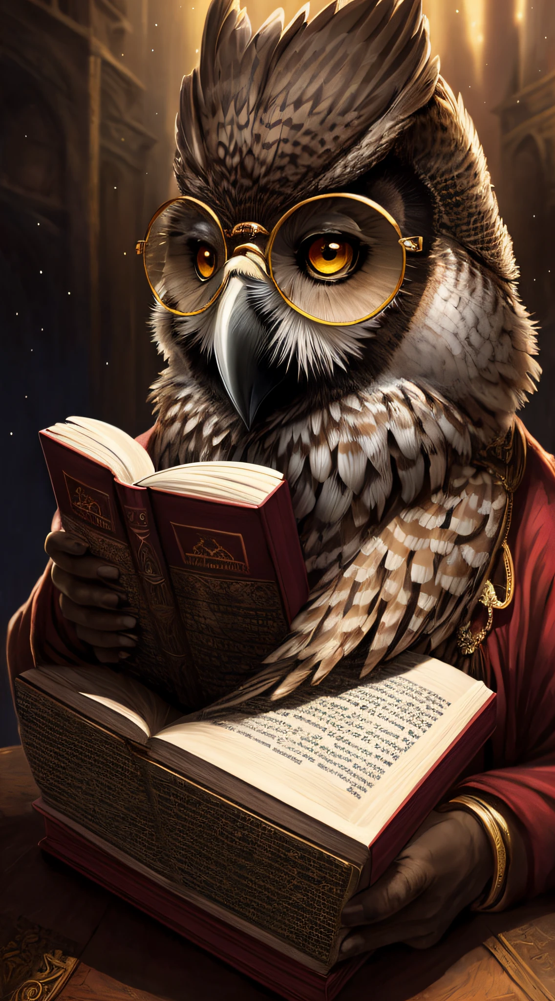 there is a owl wearing glasses reading a book on a table, assistente coruja, the wisest of all owls, fantasy book illustration, por Kerembeyit, fantasy rpg book illustration, retrato do livro do RPG, realistic fantasy illustration, detailed book illustration, arte fantasia behance, Direction: Galen Dara, Emblema da Sabedoria, encyclopedia illustration, 3 d epic illustrations