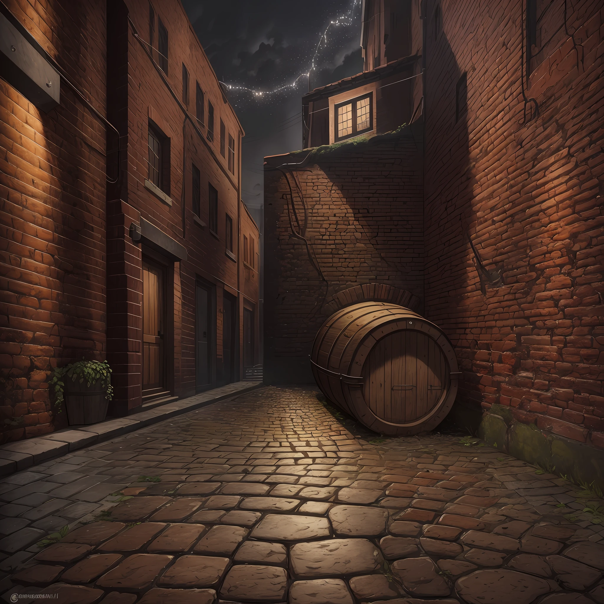 CG, drawing, An ultra-detailed detailing, Clarity, 8KK, realistic fentezi, Streetscape, dirty brick wall, pavement, night, mist, cobweb, Rotten beer barrel, Dark colors, Horror, fentezi, realism --auto --s2