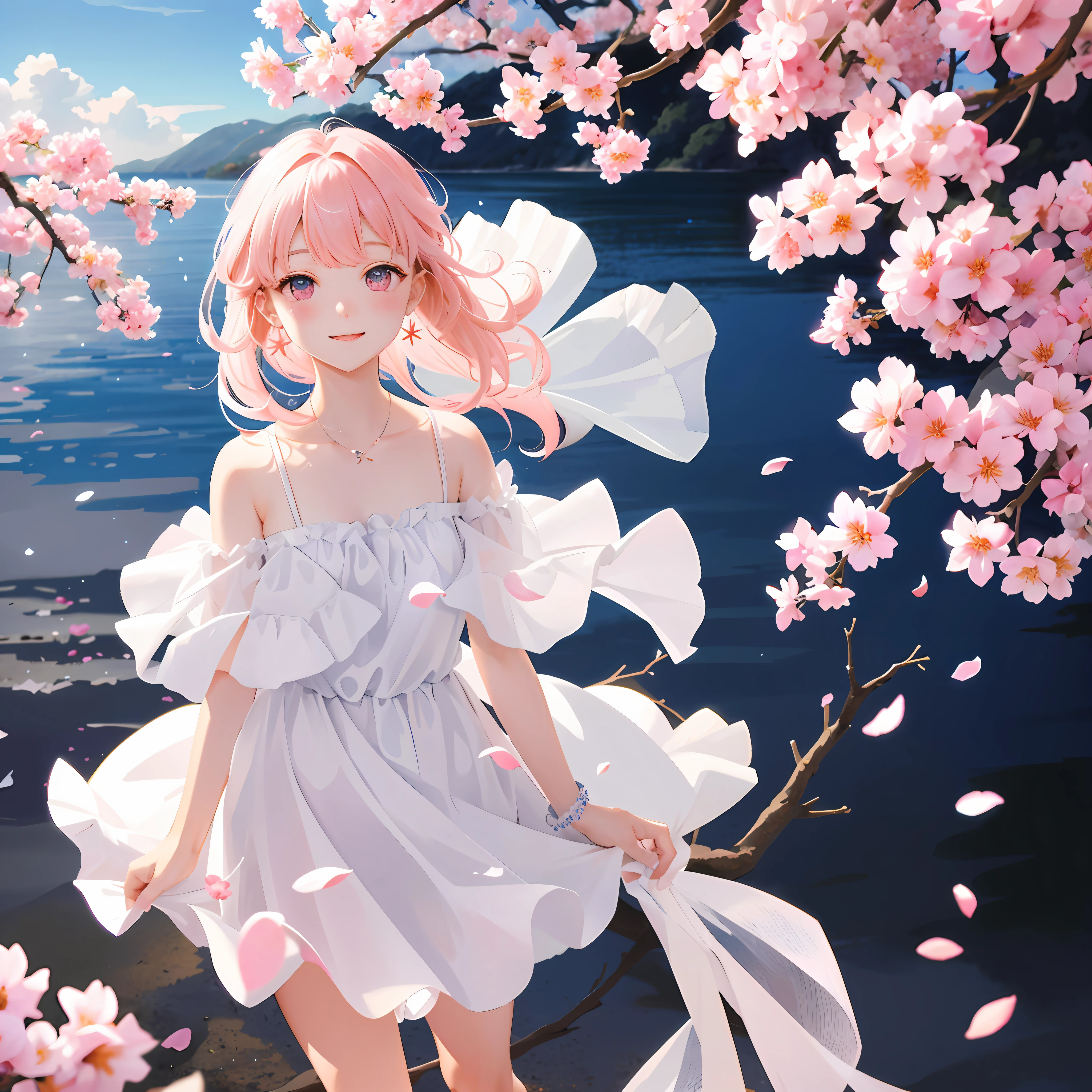 cherry_the flowers，, falling_flower petals, flower petals, branch, pink_flower, 1 girl, blue colored、_Sky ,、, spring_\(seasons\), flower petals_on_liquid, flower, hanami, dress, Long curly blonde hair，solo, Jour, Sky ,、, short_hair, out door，, cloud, Bangs, smiled、, pink_eyes, WHITE，_dress, bare_bshoulders, earings, breasts, holding_flower, Wind, tree, See_at_Viewer, cowboy shot,