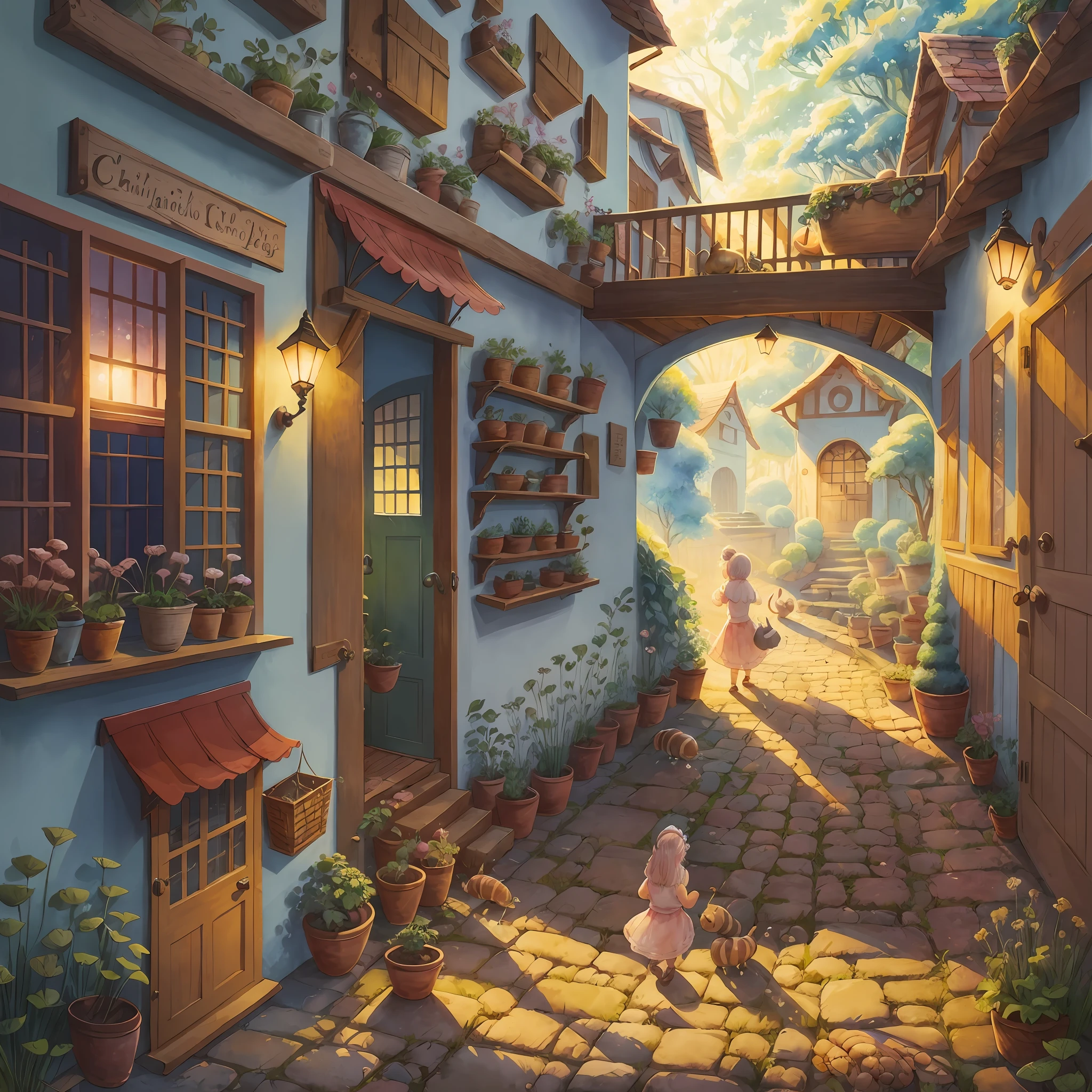 Create an enchanting illustration where a group of children is engaged in a fun game of hide-and-seek, searching for a hidden snail. The image should be filled with various objects, plants, and animals, creating a bustling scene. The children should be depicted with excitement and curiosity as they explore their surroundings, trying to spot the cleverly concealed snail. The use of watercolor and ink techniques will add a touch of whimsy to the illustration. Soft, natural lighting will enhance the dreamlike atmosphere, and pastel and bright colors will make the image visually appealing. The overall clarity should be moderate, allowing for a balance between intricate details and a hint of mystery. --auto --s2