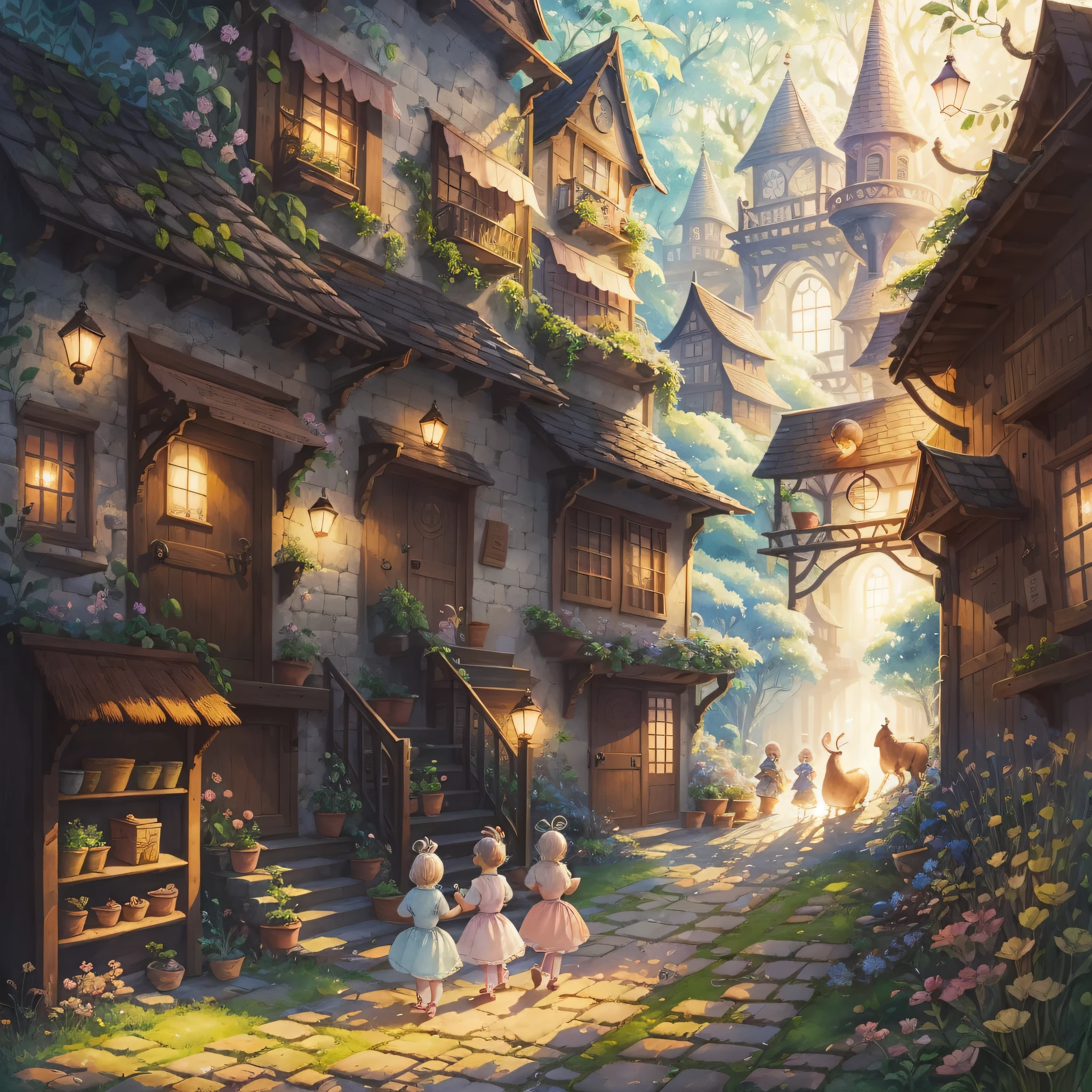 Create an enchanting illustration where a group of children is engaged in a fun game of hide-and-seek, searching for a hidden snail. The image should be filled with various objects, plants, and animals, creating a bustling scene. The children should be depicted with excitement and curiosity as they explore their surroundings, trying to spot the cleverly concealed snail. The use of watercolor and ink techniques will add a touch of whimsy to the illustration. Soft, natural lighting will enhance the dreamlike atmosphere, and pastel and bright colors will make the image visually appealing. The overall clarity should be moderate, allowing for a balance between intricate details and a hint of mystery. --auto --s2