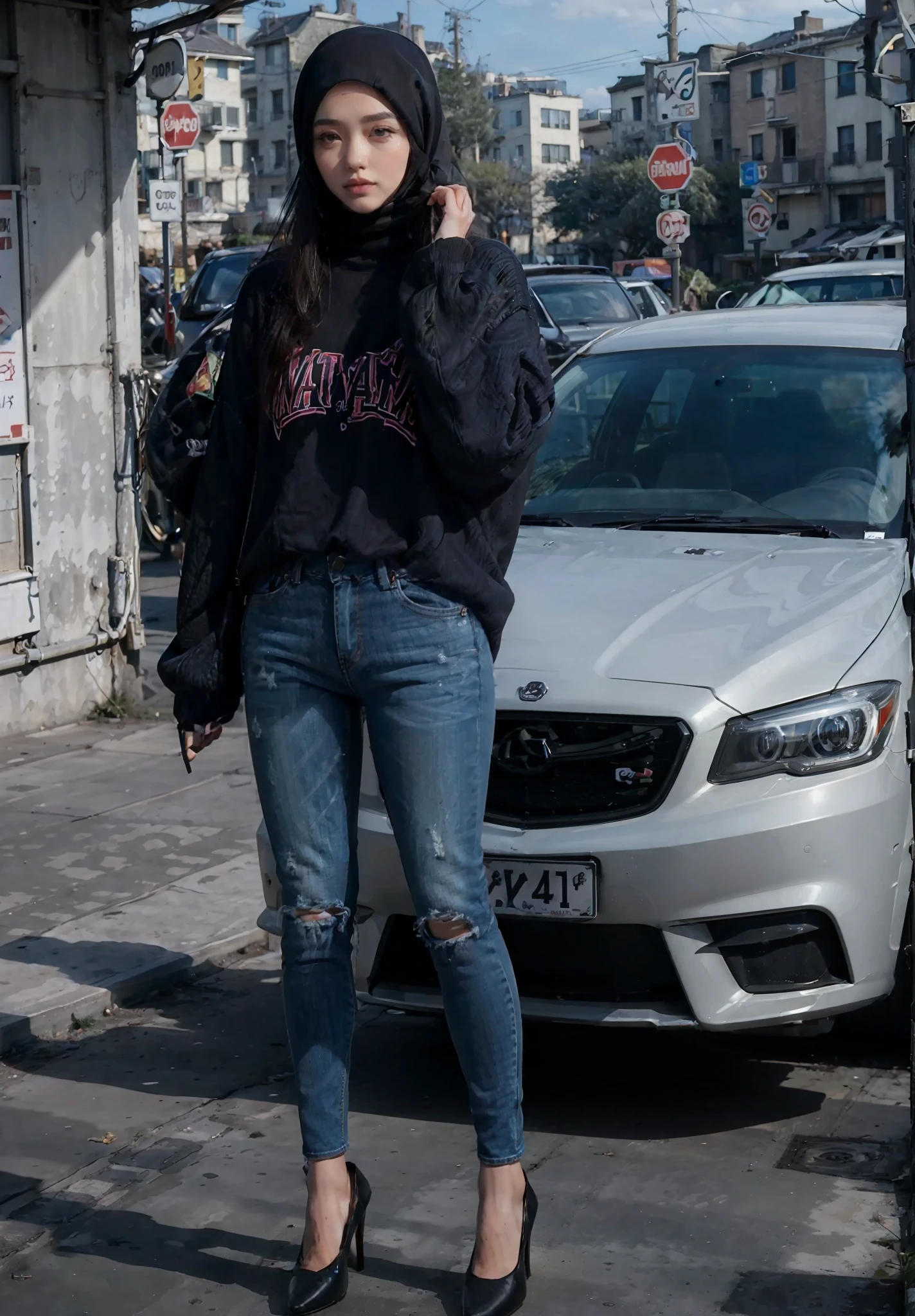 ((top quality, 8k, masterpiece: 1.3)), beauty, 1 girl, modern hijab, jeans pants