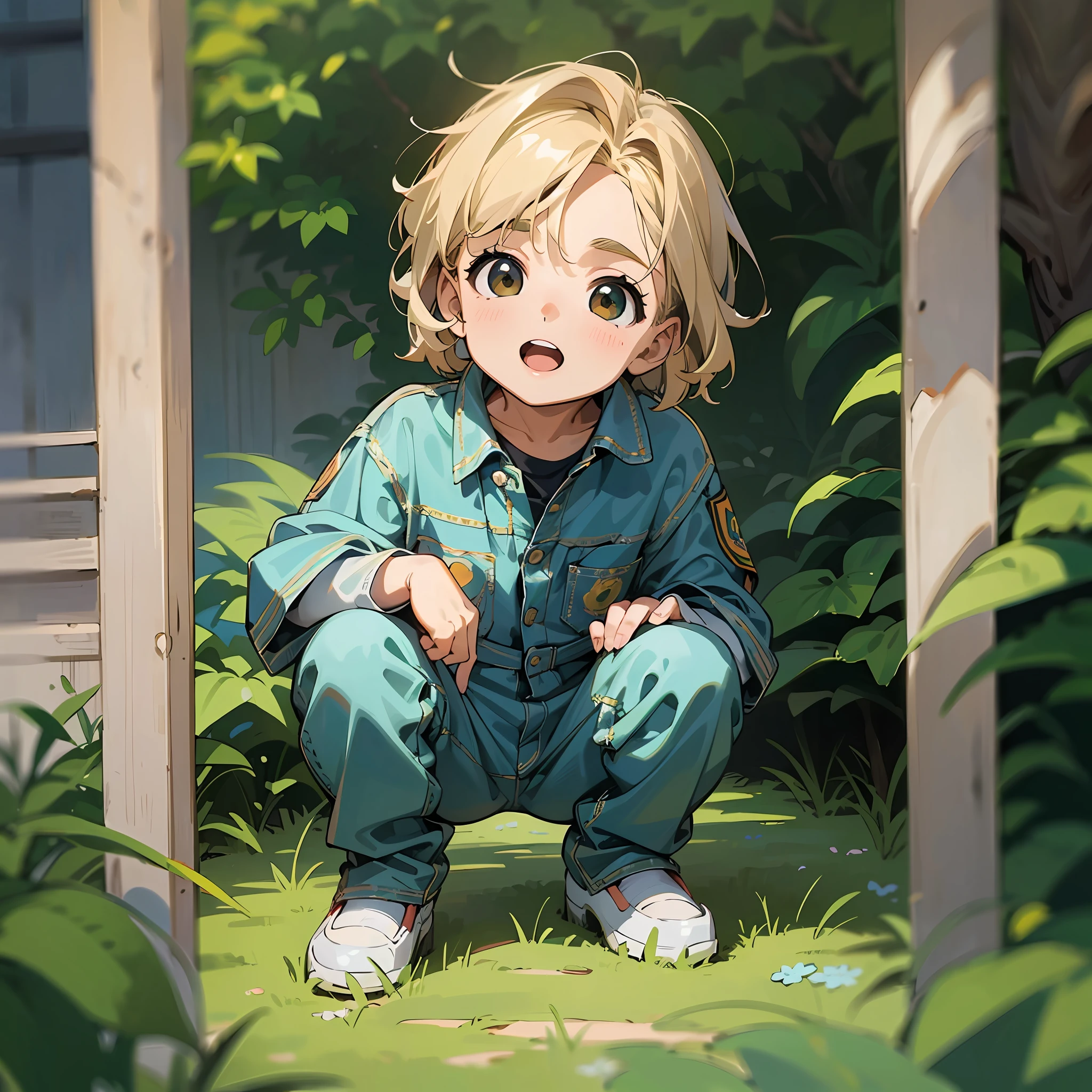 Image of a child, branco-baby man (menino muito jovem lindo ) with flowing short blonde hair, olhos azuis, brincando com bola, (wearing a denim jumpsuit) (Wallpaper in a garden with green lawn and a large tree), Super detalhado, super realista com cachorro branco pastor --auto --s2