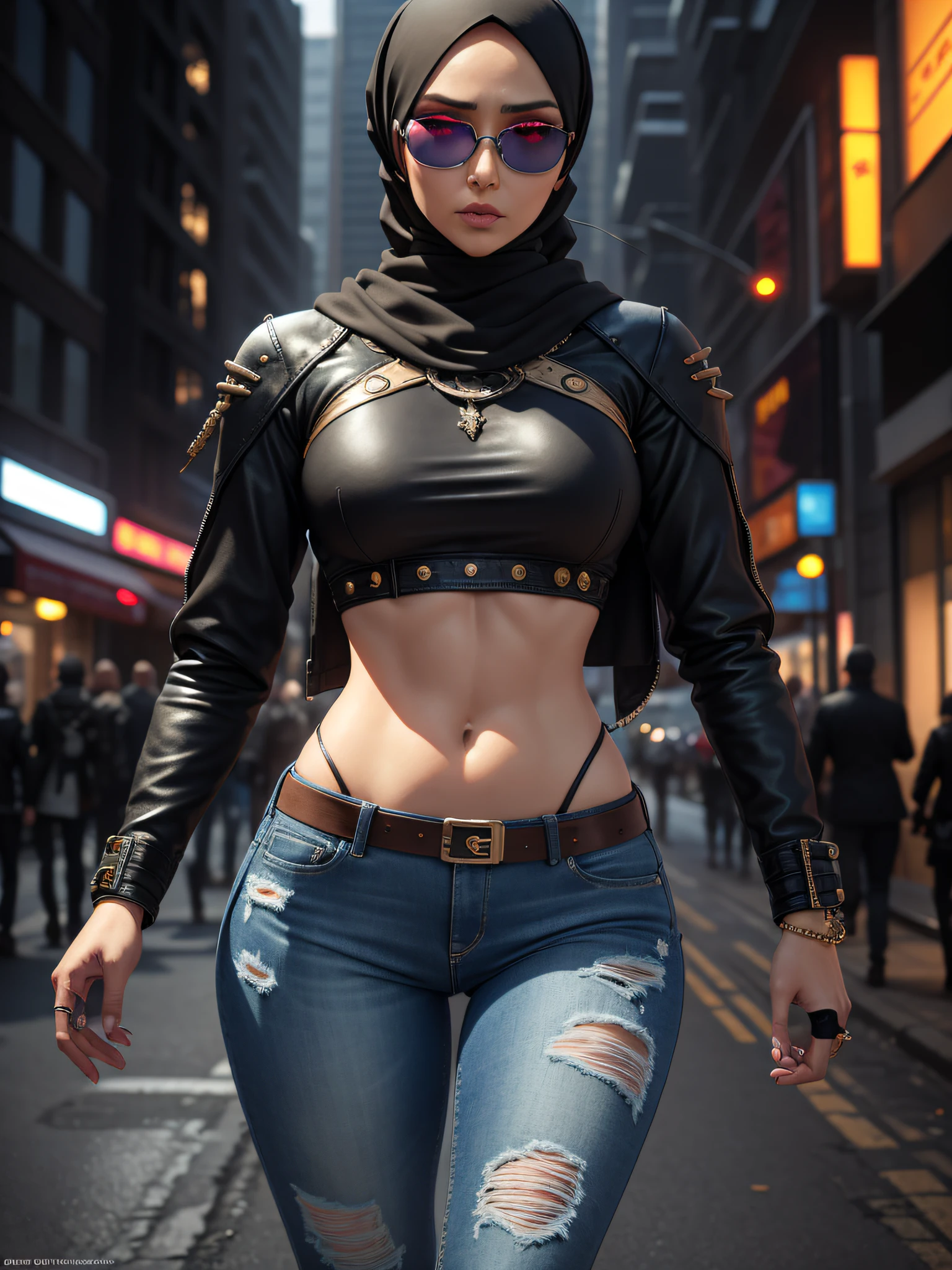 photorealistic, ultra realistic,3D, artstation, cgsociety, 8 k, award winning photography of a beautiful woman walking battle front, (fashion warrior), (hijab), cheekbones, detailed face, Bejeweled, a nice long leather jacket, torn jeans, torn clothes, (exquisitely detailed skin, perfect anatomy, wide hips, smooth midriff, thigh gap), tactical glasses colorful, vibrant