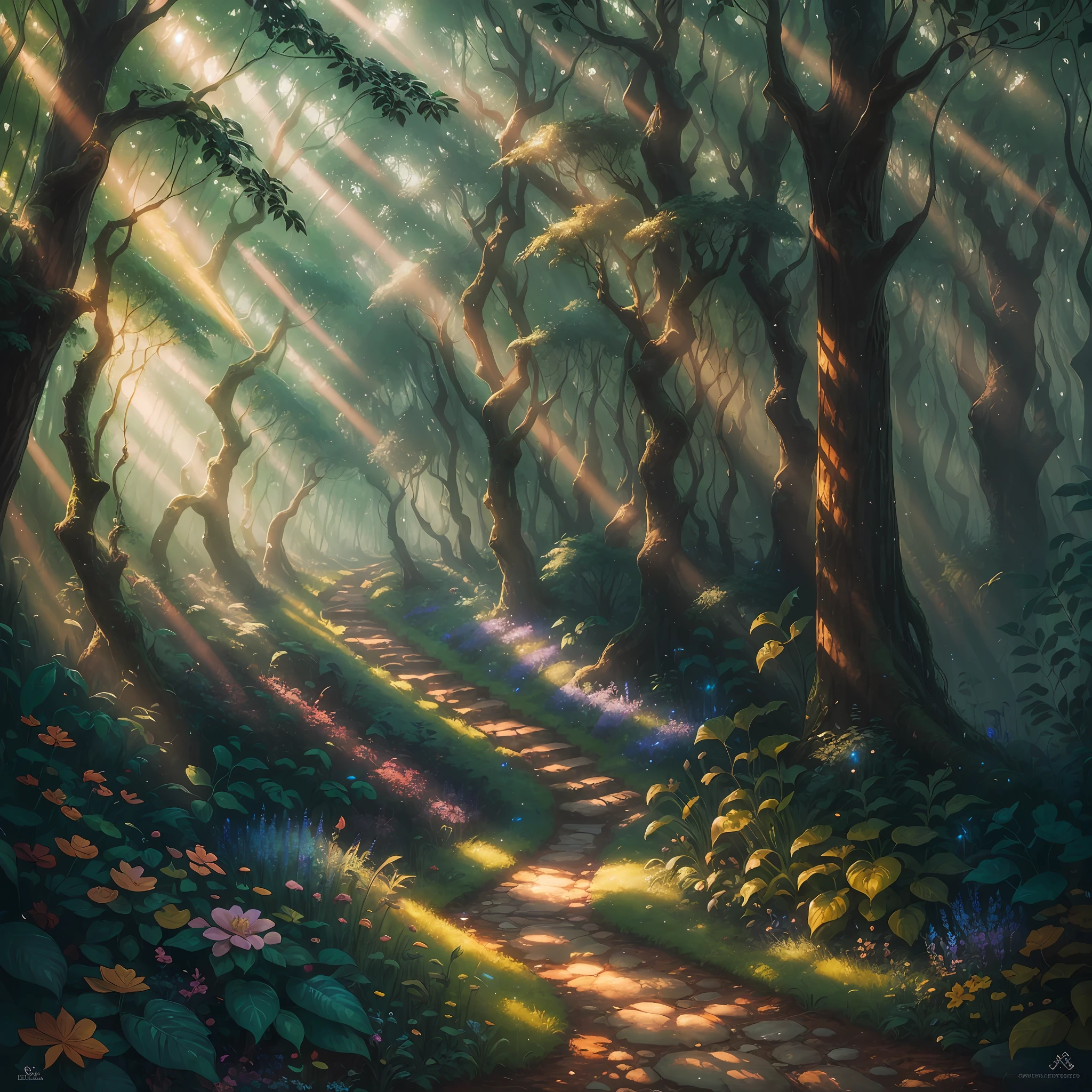 Description: Create a captivating digital painting set in a mystical forest, where the main focus is on a child discovering a hidden snail amidst lush vegetation. The image should have a mix of traditional and digital media, with blended brushstrokes adding depth and texture to the scene. The forest should feel enchanting and full of wonder, with magical elements incorporated subtly. The lighting should feature soft sunlight filtering through the trees, creating a warm and inviting atmosphere. --auto --s2