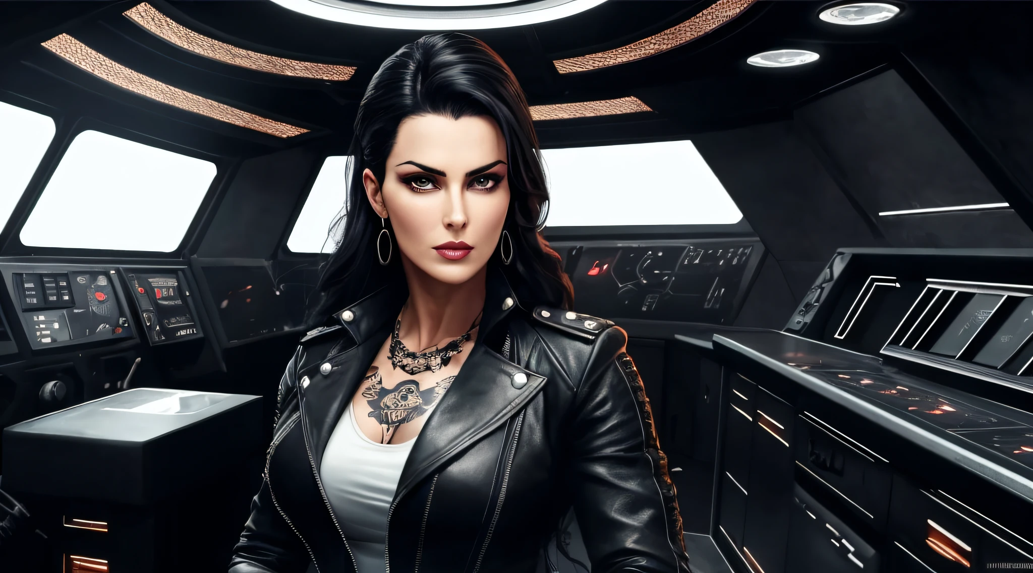 Space pirate leader, monica bellucci, 30 years old, character, standing in the black cabin of a spaceship, sci-fi, cinematic, cannon 6d, octane render, medium shot, black leather jackets, cargo pants, boots, tough, resilient, determined, strong-willed, fierce, loyal, skilled, belter, resourceful, dark-haired, intense, piercing eyes, muscular, no-nonsense, pragmatic, tattooed, weathered, commanding, authoritative, intimidating, unyielding, confident, striking, intense, angular, expressive look, fierce look, alluring look, determined look, strong eyeliner, mesmerizing eyes, defined cheekbones, sculpted jawline, elegant, graceful, natural beauty, magnetic, charismatic, versatile, photogenic