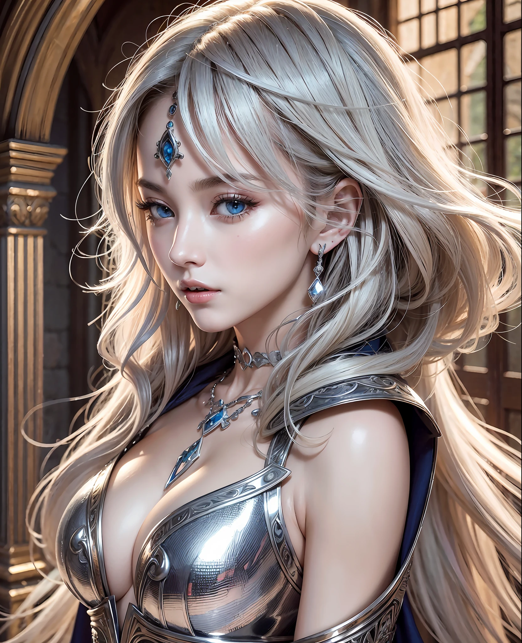 the highest quality, detailed image, colourful、, Vivid colors, (solo、、, Detailed Face, flawless lighting, perfect shadows, perfect eyes, girl focus, perfect hair, perfect faces, gorgeous body), shiny body,Shiny big、Chest with presence、cleavage between breasts、Light wavy white blonde hair、Medieval knight、(Westerners)Silver armor with gorgeous decorations、underboob、helmet、sword、、Great sword、Inside an old castle with midnight cobblestones、Glossy skin、cloak、Dynamic Pose、Dynamic Actions、Too beautiful goddess of battle、necklace、Earring、Depth of subject、